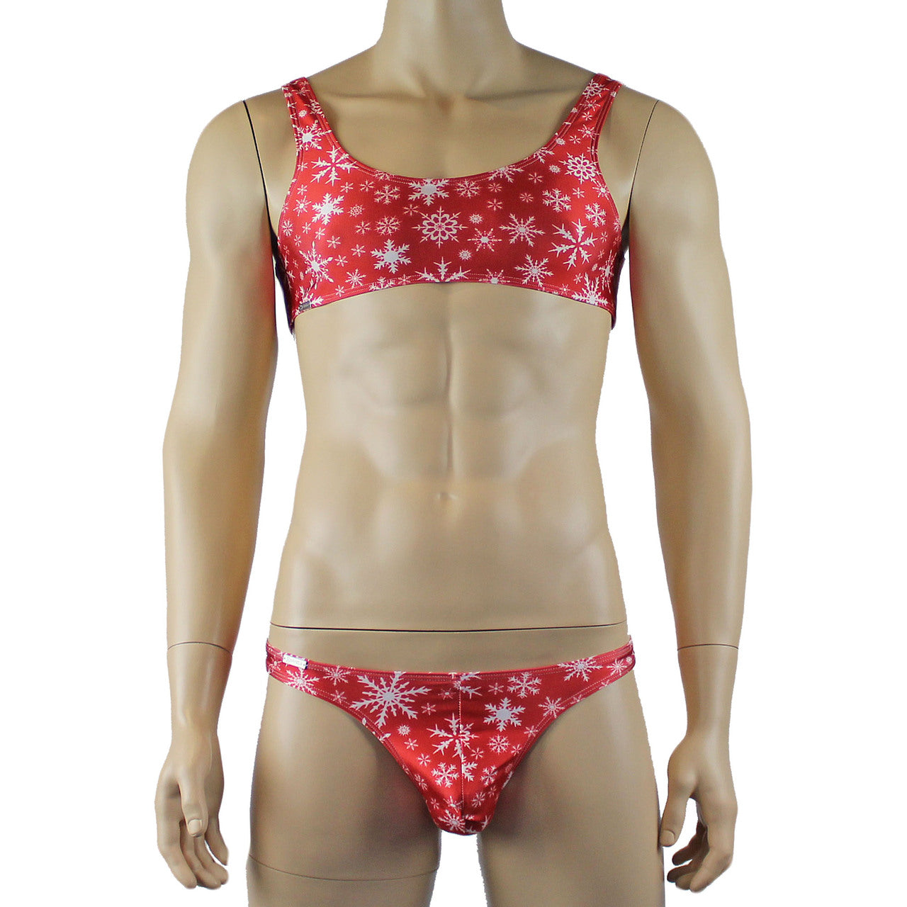 Mens Lingerie Snowflake Bra Top & Low Cut Thong Red and White