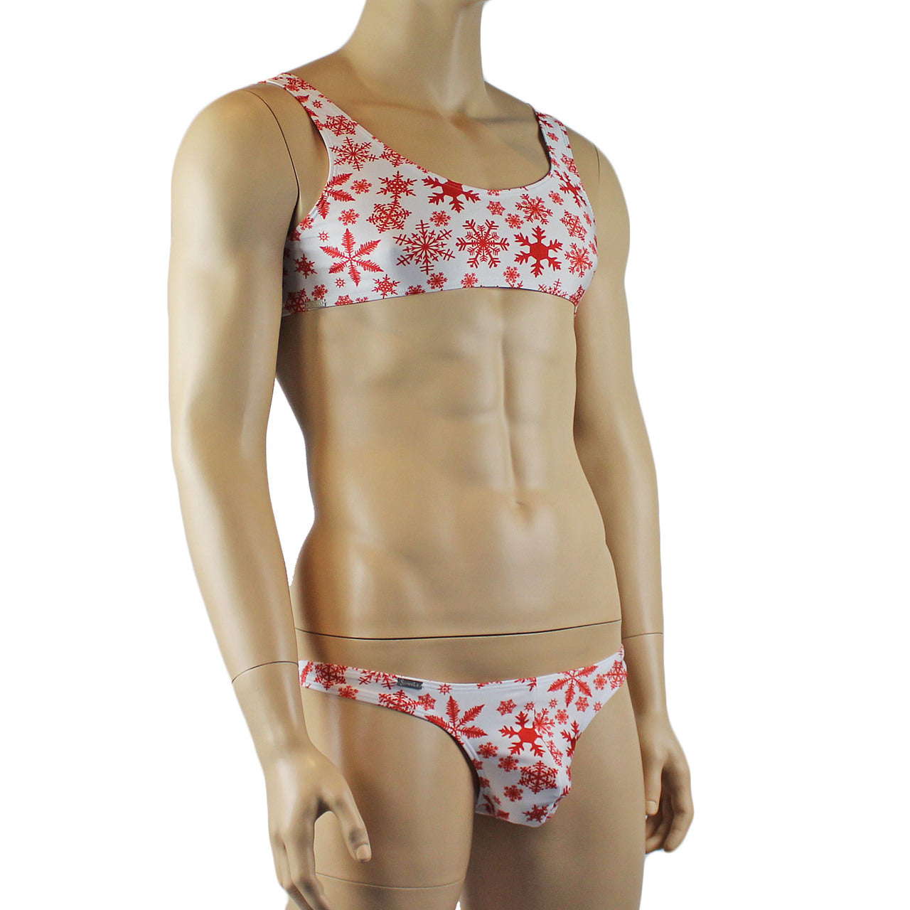 Mens Lingerie Snowflake Bra Top & Low Cut Thong White and Red
