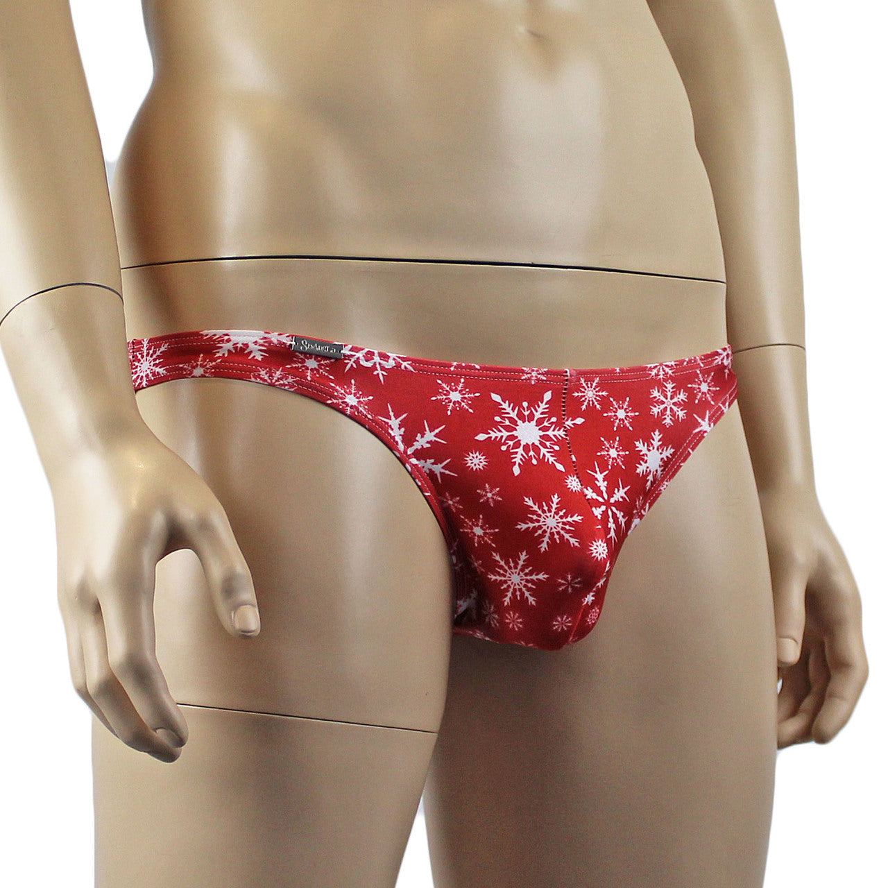 Mens Snowflake Print Spandex Low Cut Brief with Sexy Back Red and White