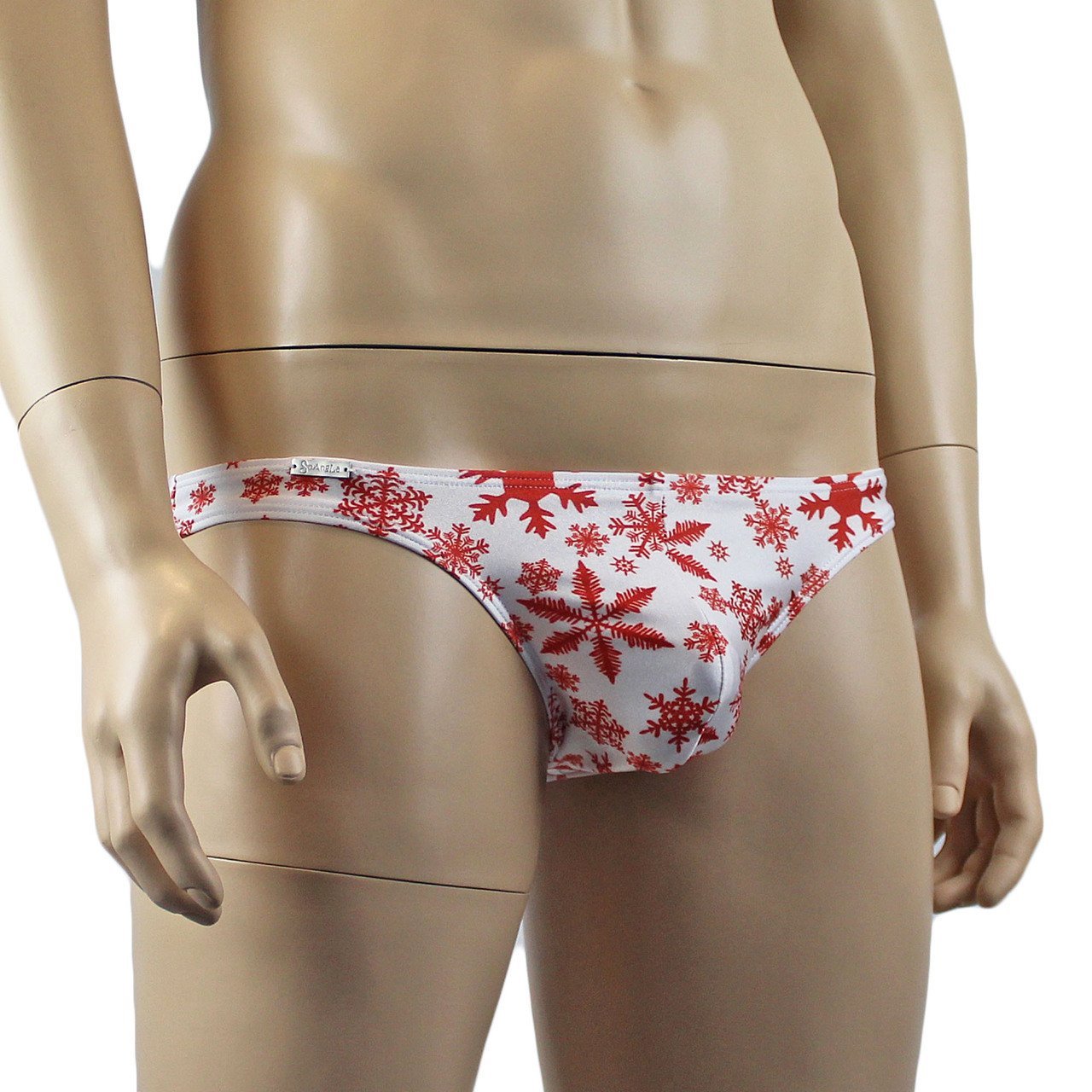 Mens Snowflake Print Spandex Low Cut Brief with Sexy Back White and Red