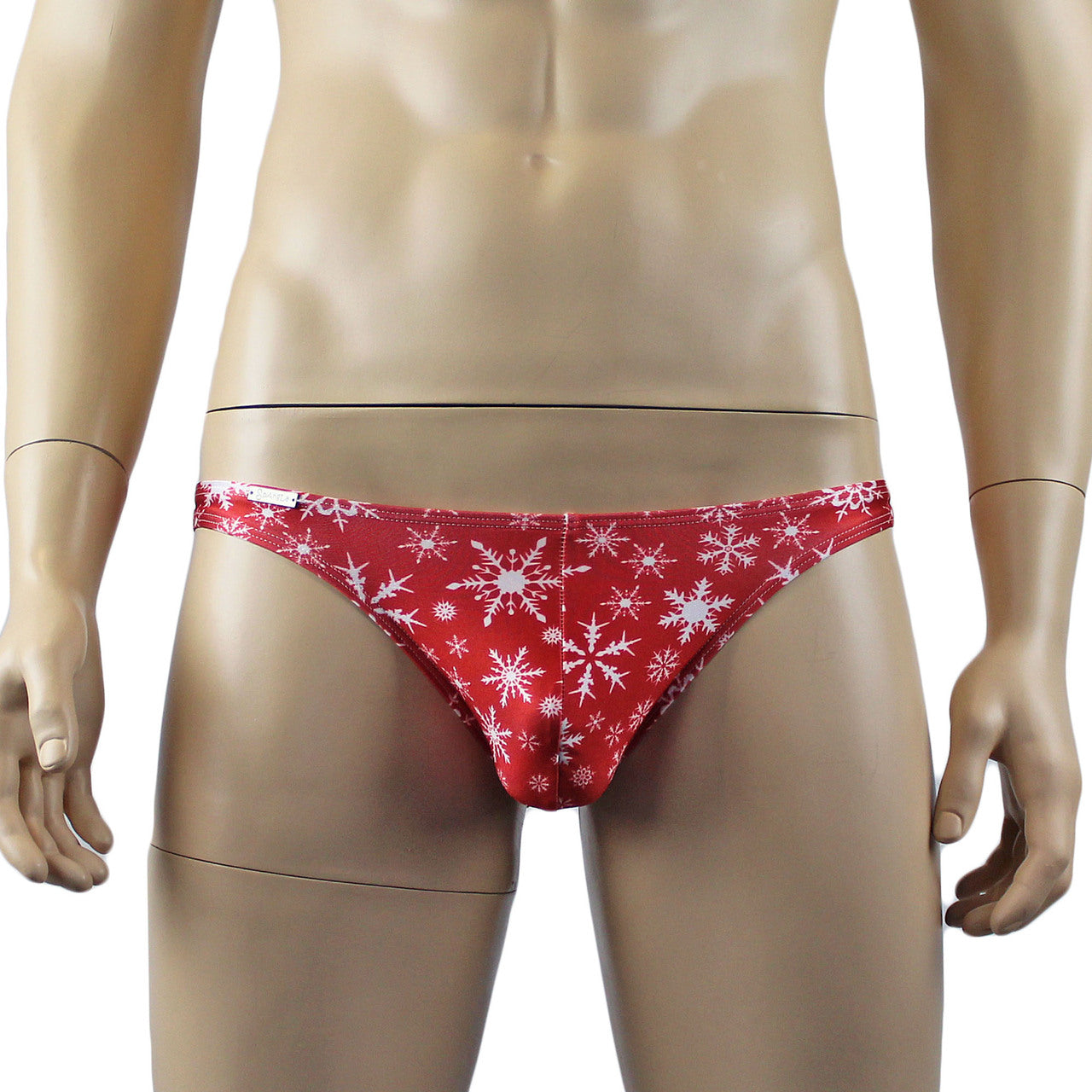 Mens Snowflake Print Spandex Low Cut Brief with Sexy Back Red and White