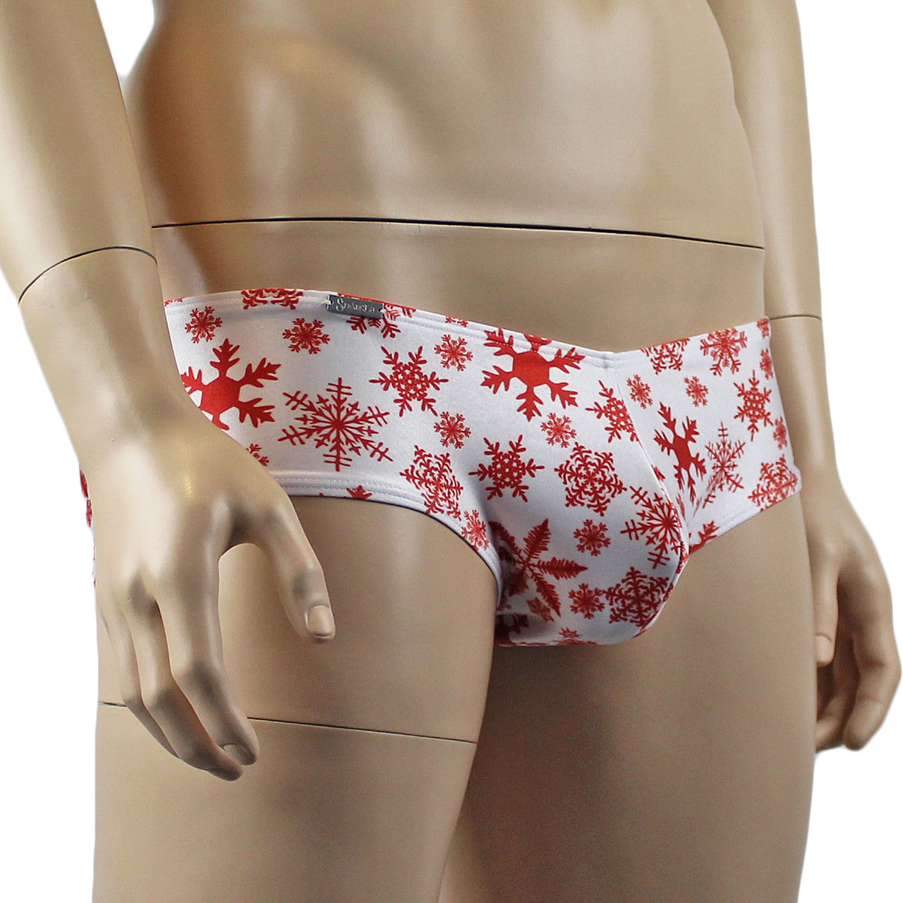 Mens Snowflake Print Spandex Low Cut Boxer Brief White and Red