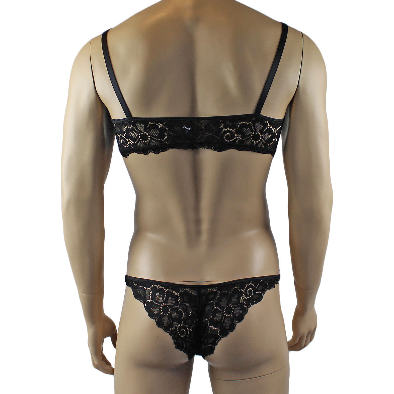 Mens Scalloped Shiny Lace Bra Top and Panty (black plus other colours)