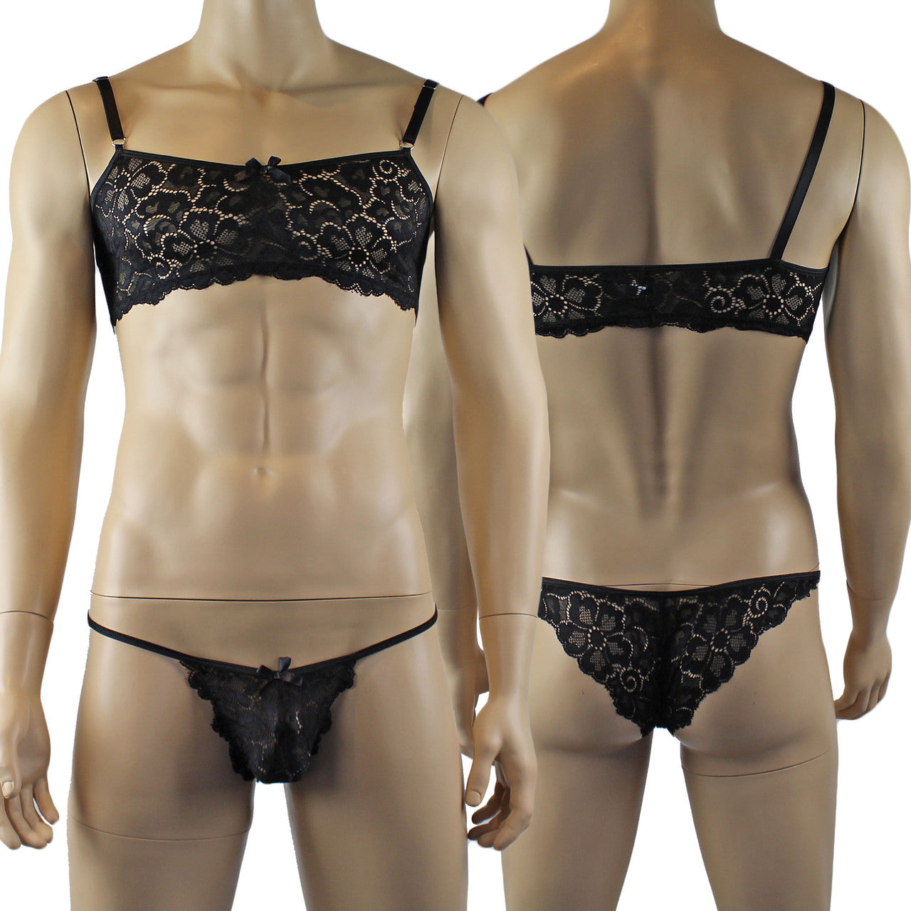 Mens Scalloped Shiny Lace Bra Top and Panty (black plus other colours)