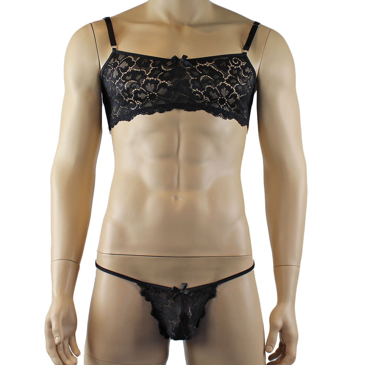 Mens Scalloped Shiny Lace Bra Top and G string (black plus other colours)