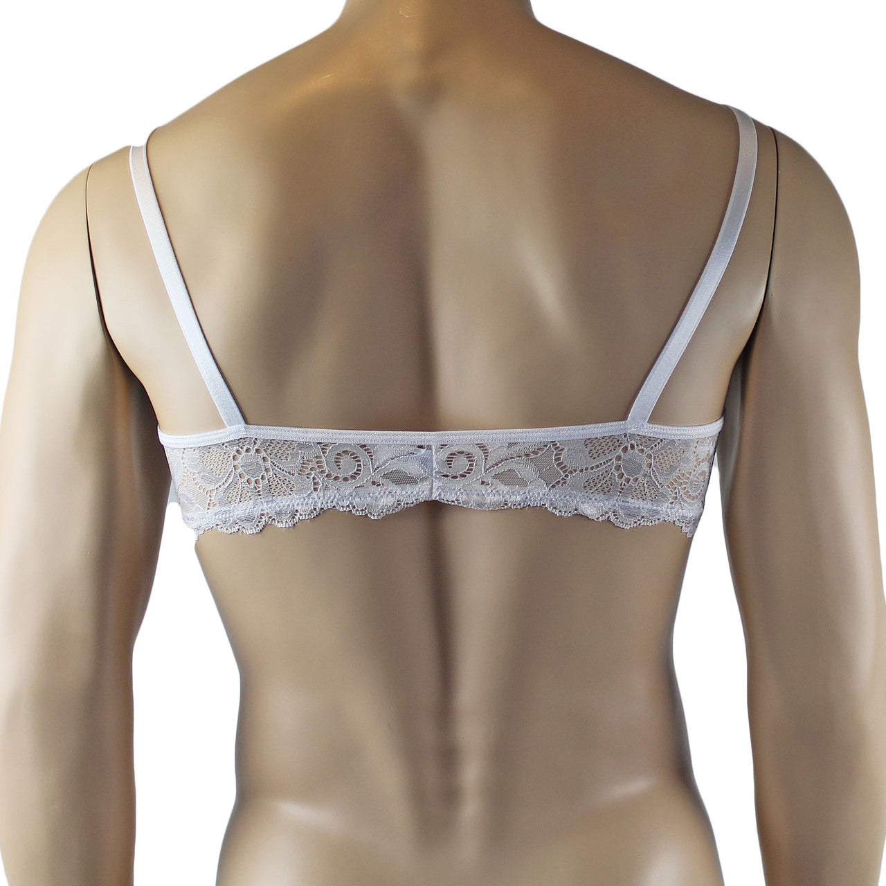 Mens Scalloped Shiny Lace Bra Top and G string (white plus other colours)