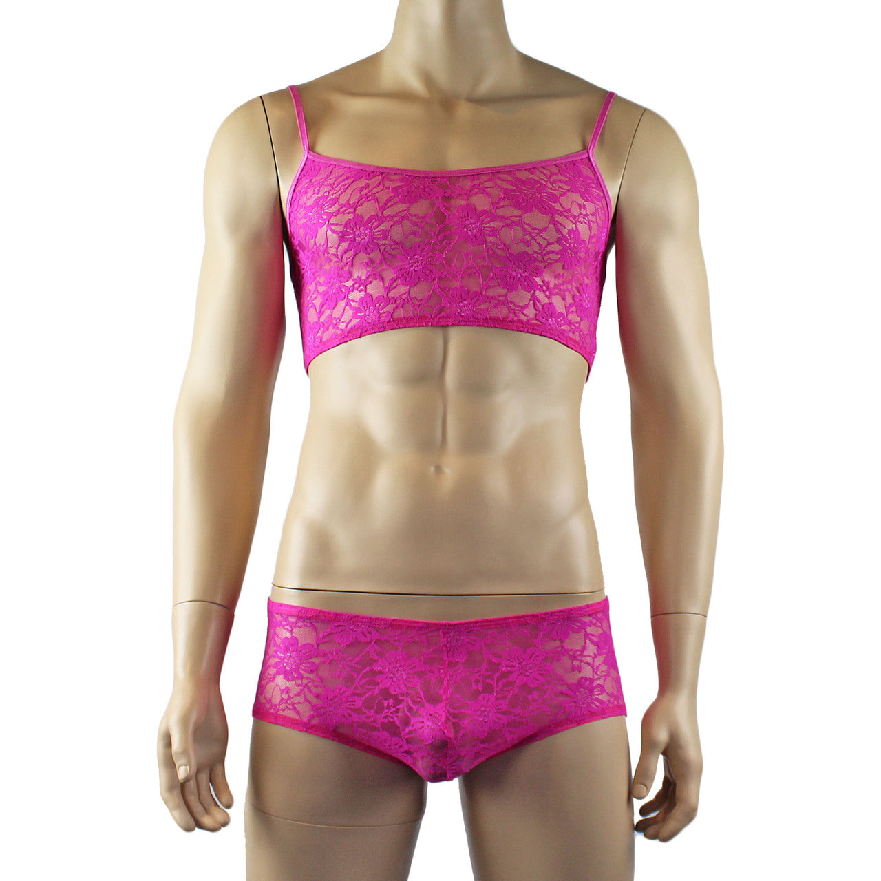 Mens Lace Crop Bra Top Camisole and Male Lingerie Panty Briefs (neon pink plus other colours)