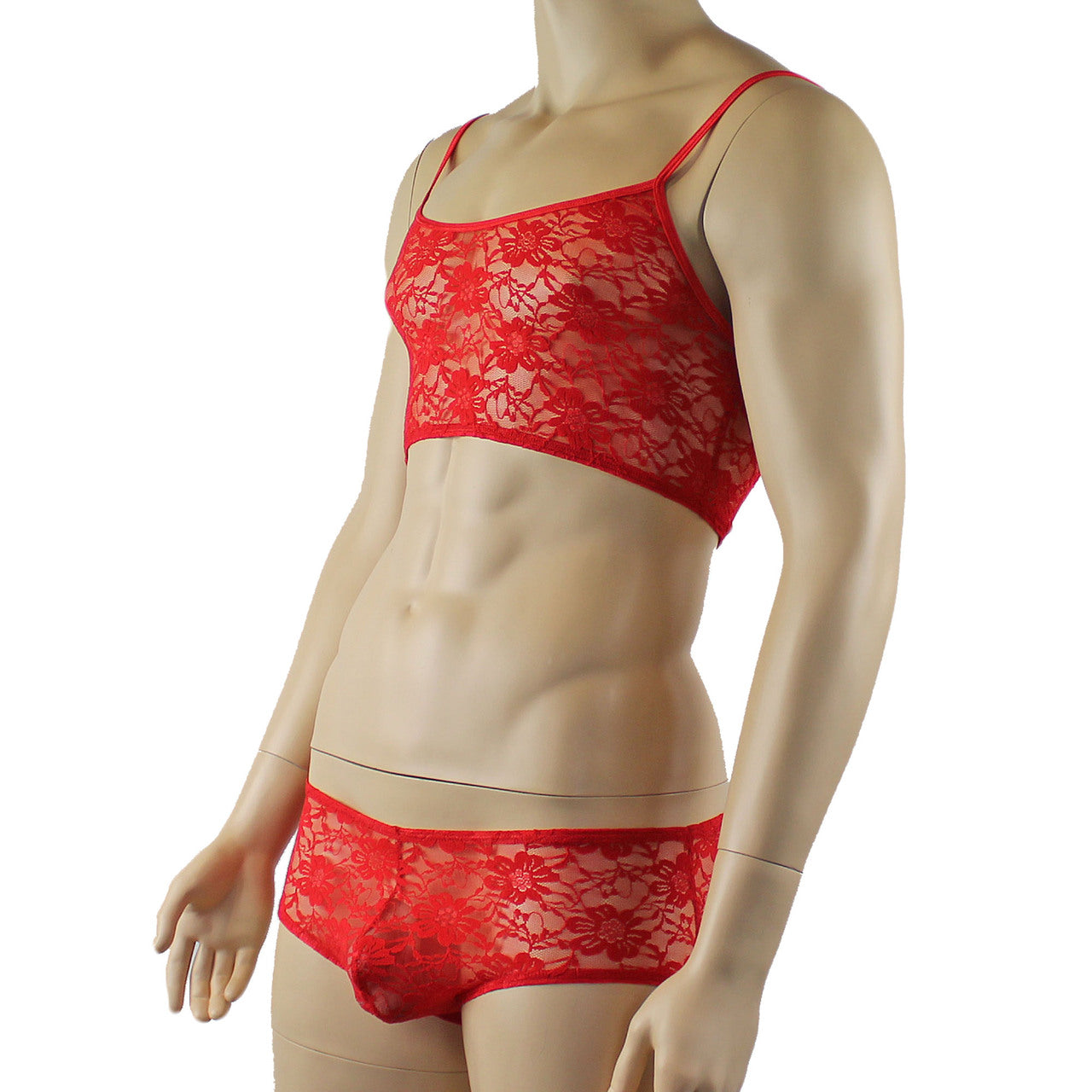 Mens Lace Crop Bra Top Camisole and Male Lingerie Panty Briefs (red plus other colours)