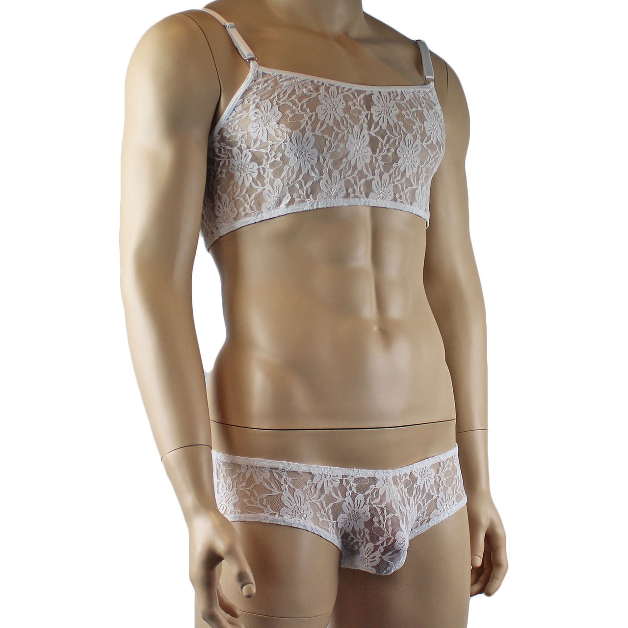 Mens Lace Crop Bra Top Camisole and Male Lingerie Panty Briefs White