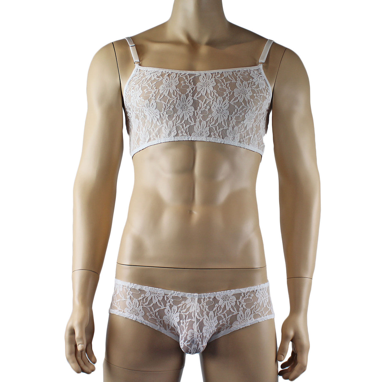 Mens Lace Crop Bra Top Camisole and Male Lingerie Panty Briefs White