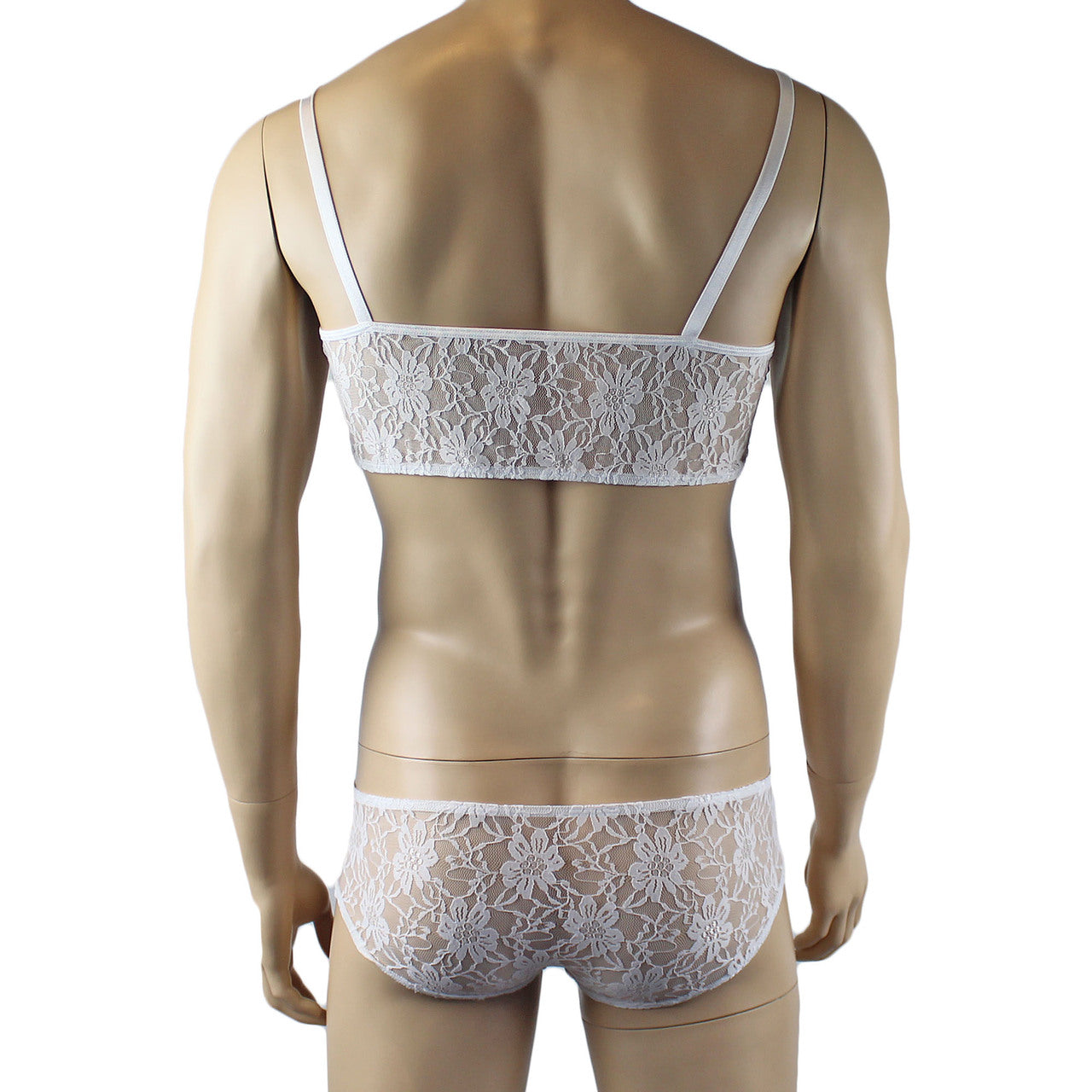 Mens Lace Crop Bra Top Camisole and Male Lingerie Panty Briefs White