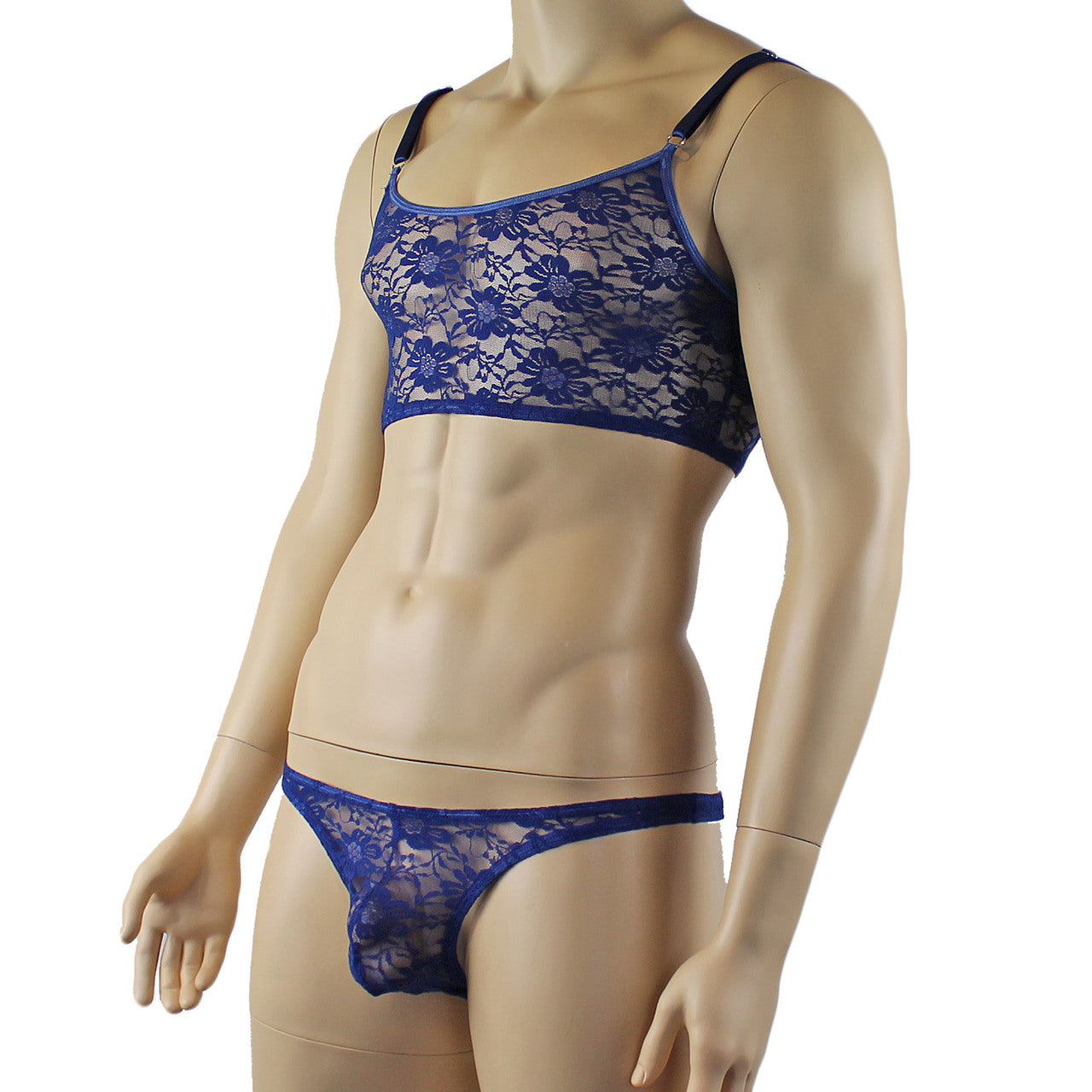 Mens Lace Crop Top Bra and Matching Lace Thong (navy plus other colours)