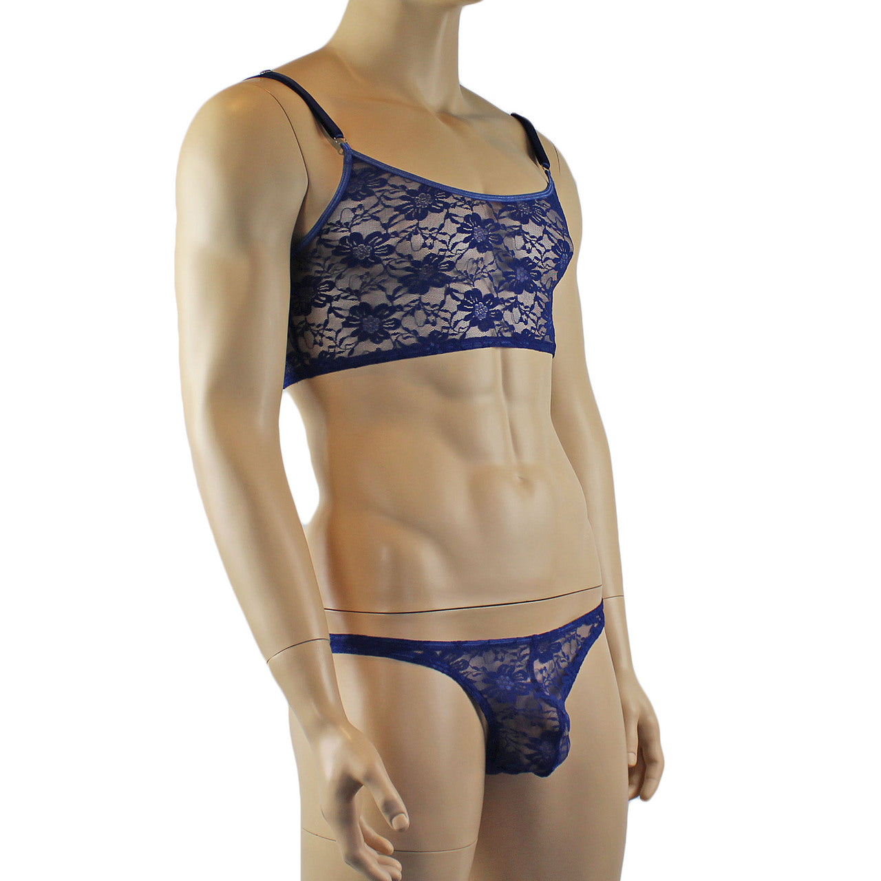 Mens Lace Crop Top Bra and Matching Lace Thong (navy plus other colours)