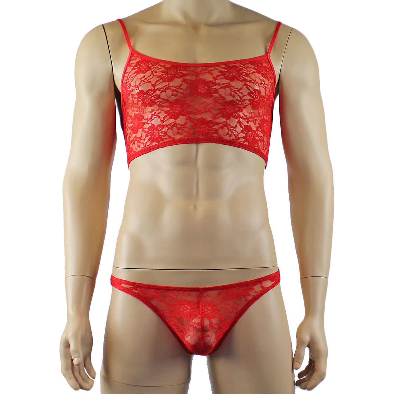 Mens Lace Crop Top Bra and Matching Lace Thong (red plus other colours)