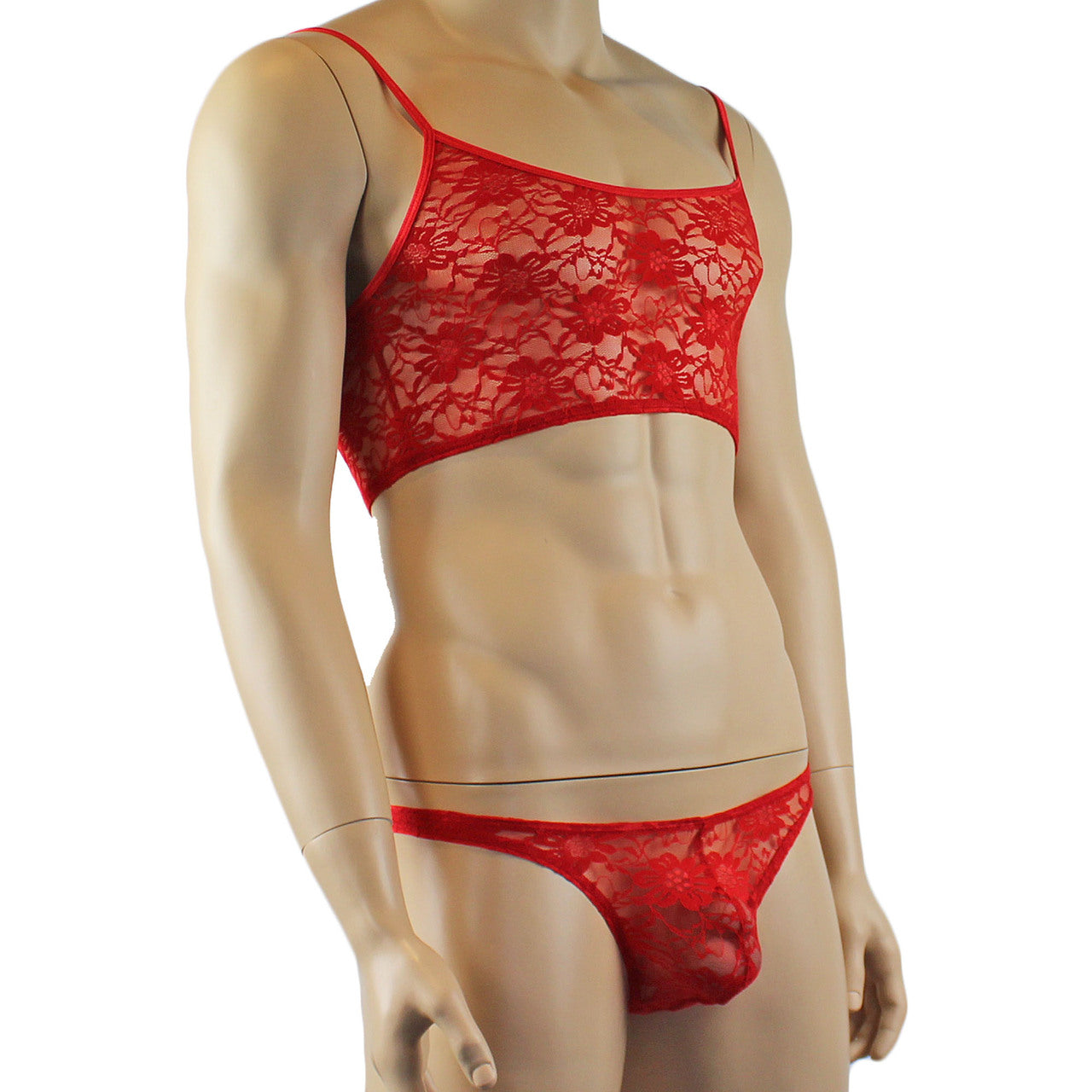Mens Lace Crop Top Bra and Matching Lace Thong (red plus other colours)