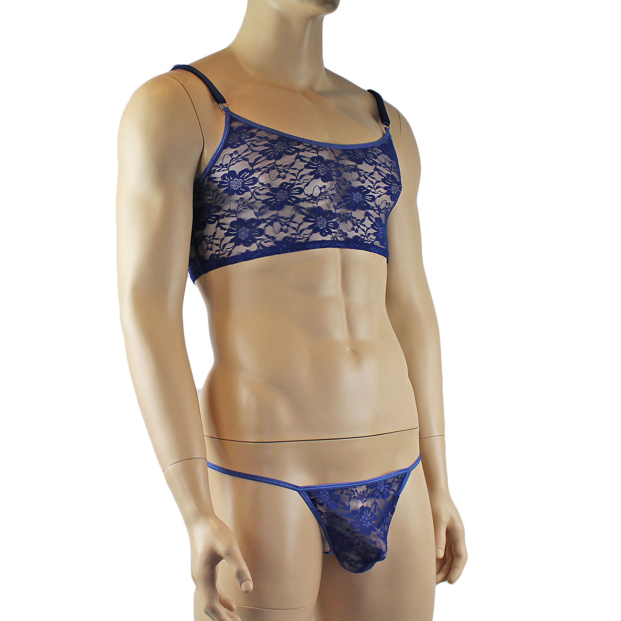 Mens Lace Crop Bra Top Camisole and G string Male Lingerie (navy plus other colours)