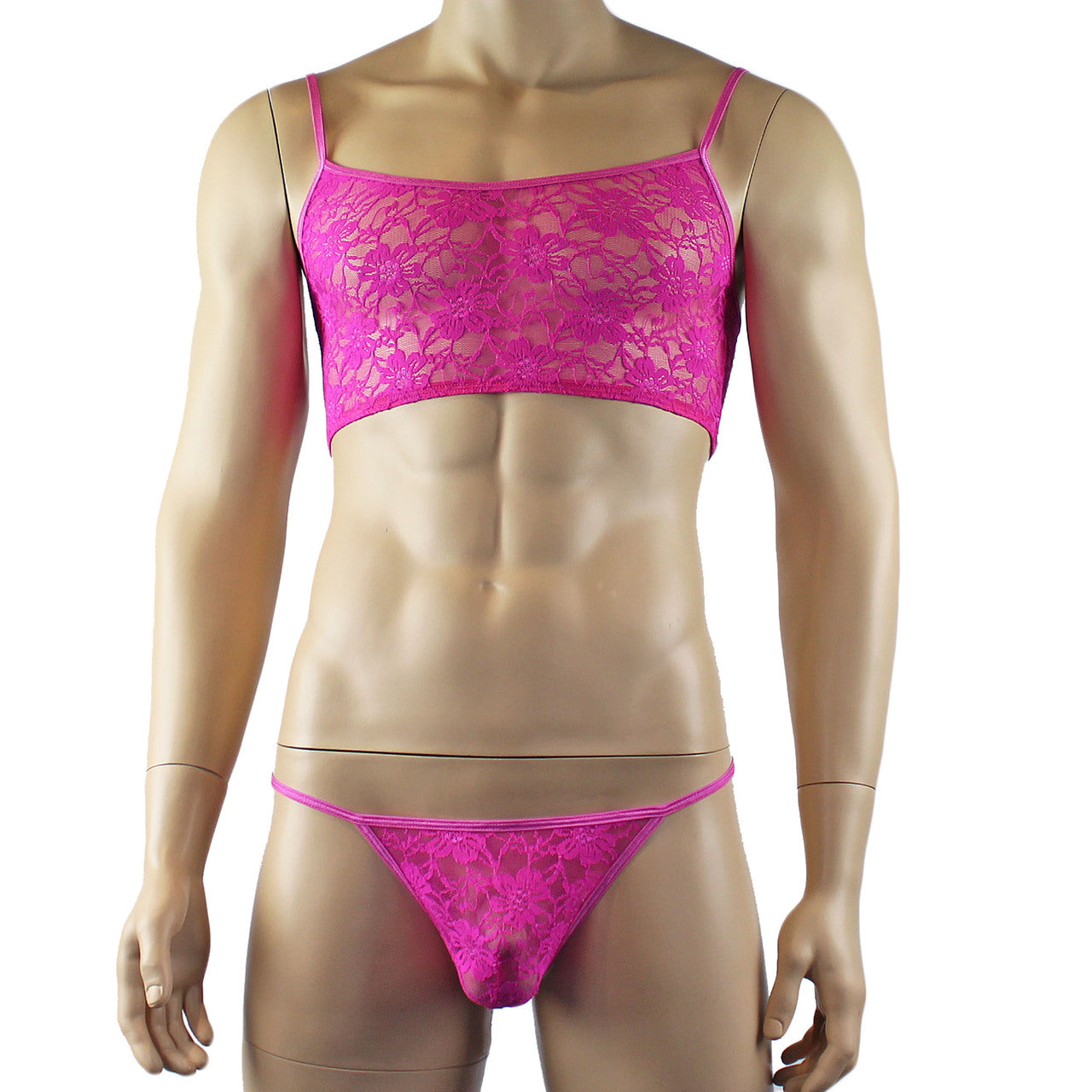 Mens Lace Crop Bra Top Camisole and G string Male Lingerie (neon pink plus other colours)