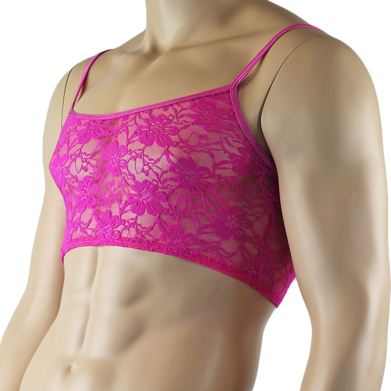 Mens Lace Crop Bra Top Camisole Black Male Lingerie (neon pink plus other colours)