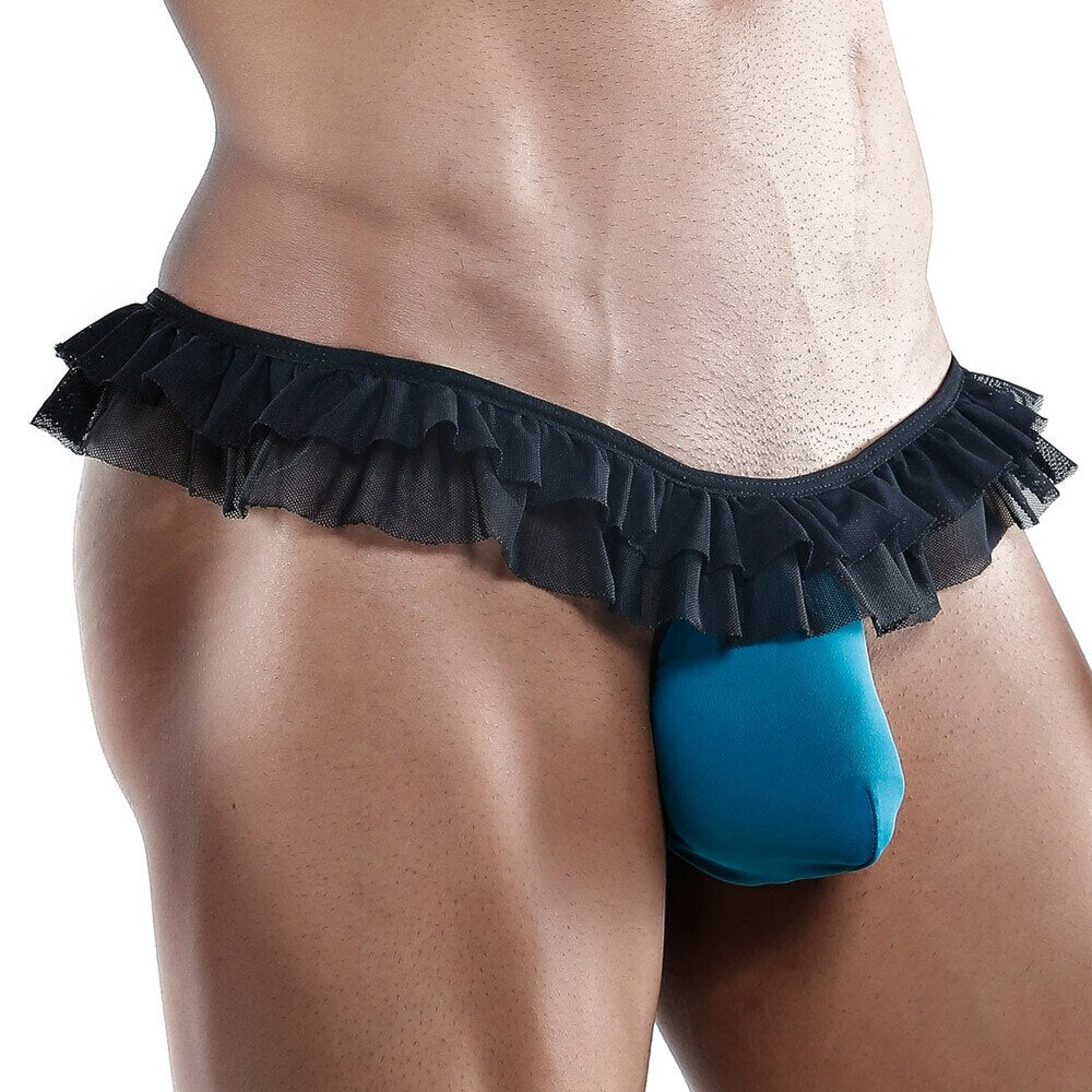 SALE - Secret Male G string Thong with Ruffle Top Green and Black