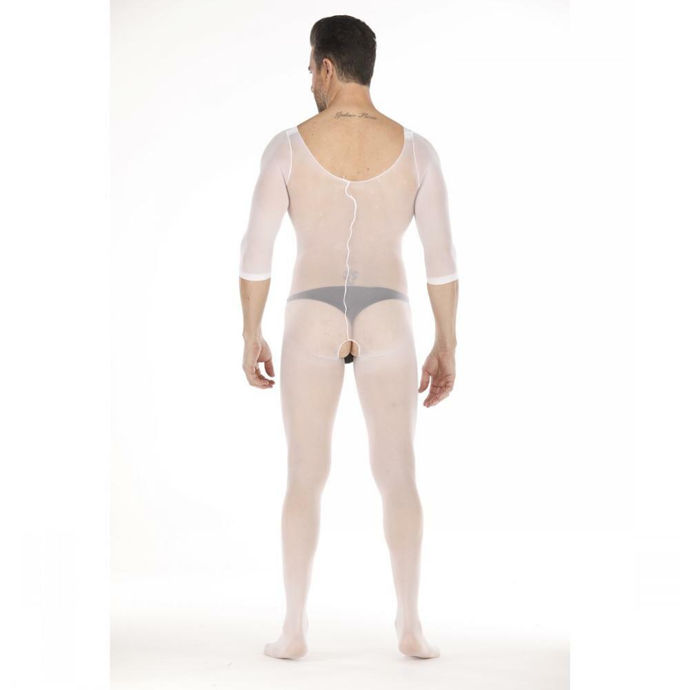 Mens Bodystocking Male Catsuit Mesh Open Crotch White