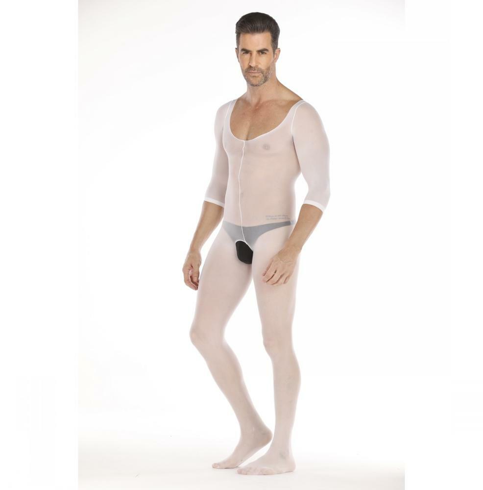 Mens Bodystocking Male Catsuit Mesh Open Crotch White