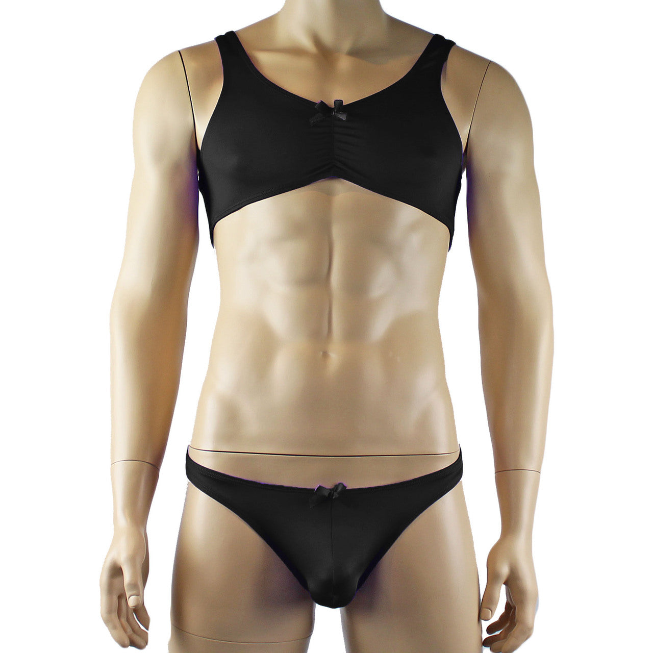 Male Stretch Lycra Bra Top & Matching Thong with Bow (black plus other colours)