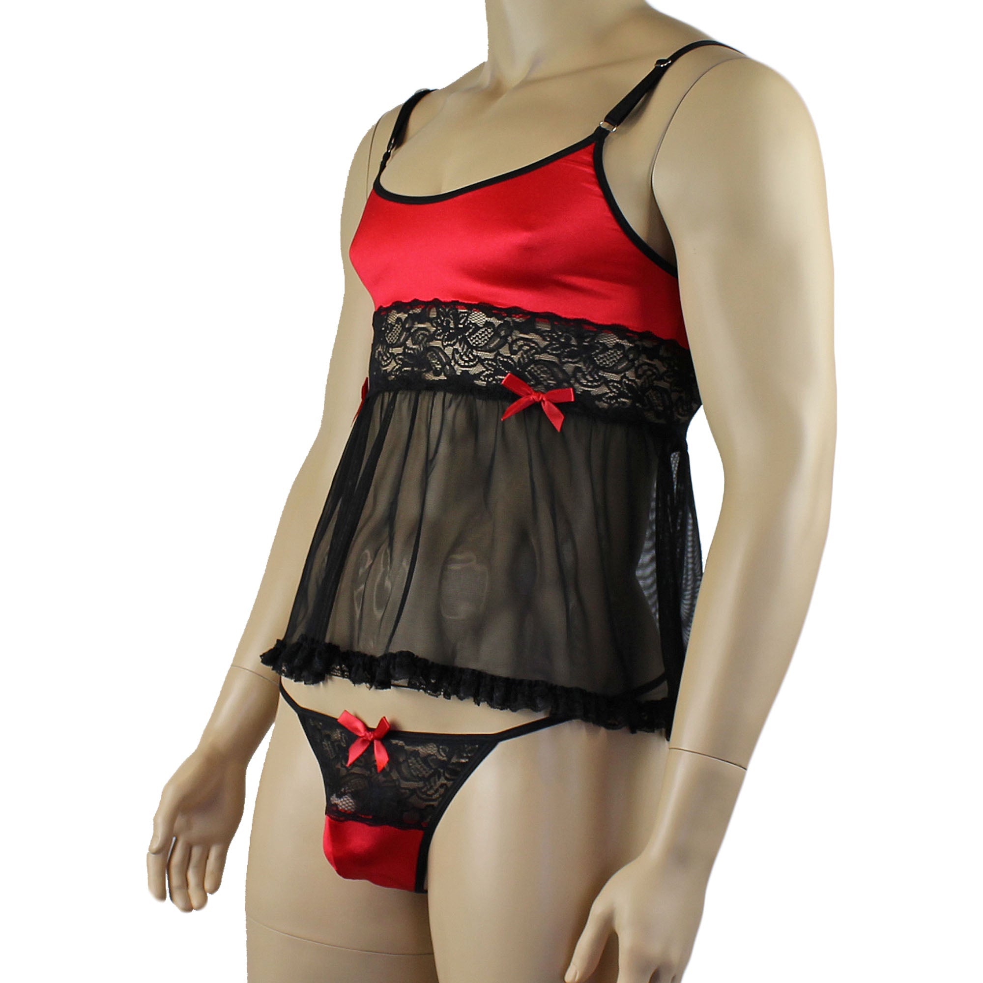 Mens Joanne Mini Babydoll Camisole & G string - Sizes up to 3XL Red and Black Lace