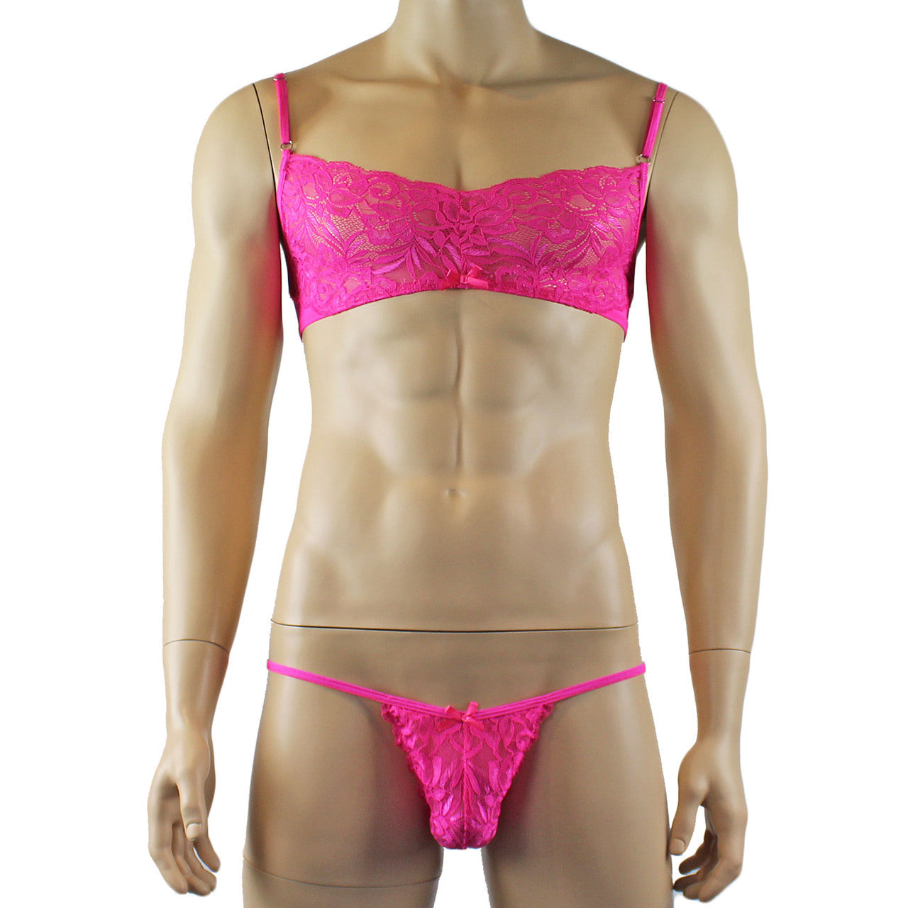 Mens Lace & Mesh Bra Top and Lace Bikini Panty (hot pink plus other colours)