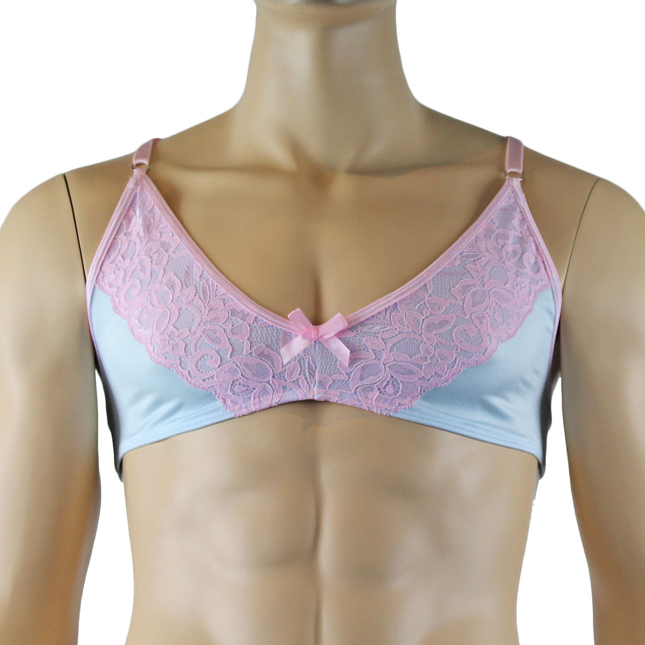 Mens Isabel Bra Top with Floral Lace Trim Male Lingerie (light blue and pink plus other colours)