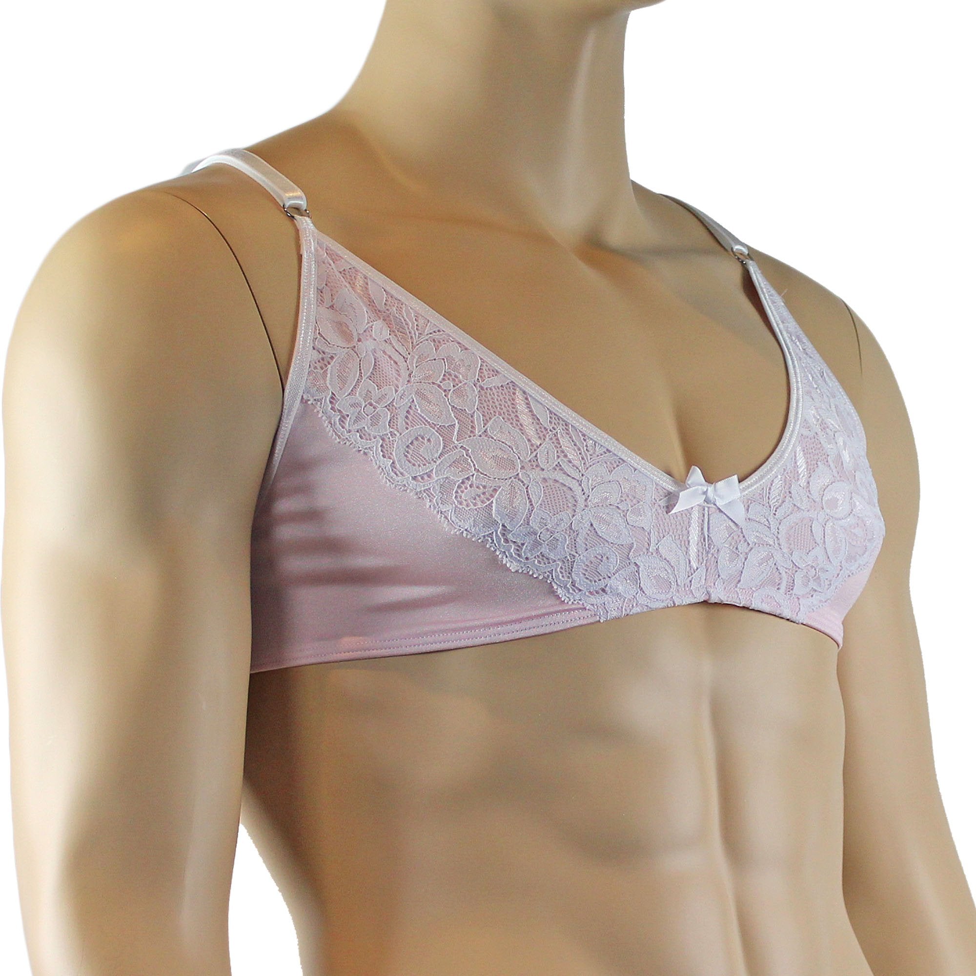 Mens Isabel Bra Top with Floral Lace Trim Male Lingerie Light Pink and White Lace