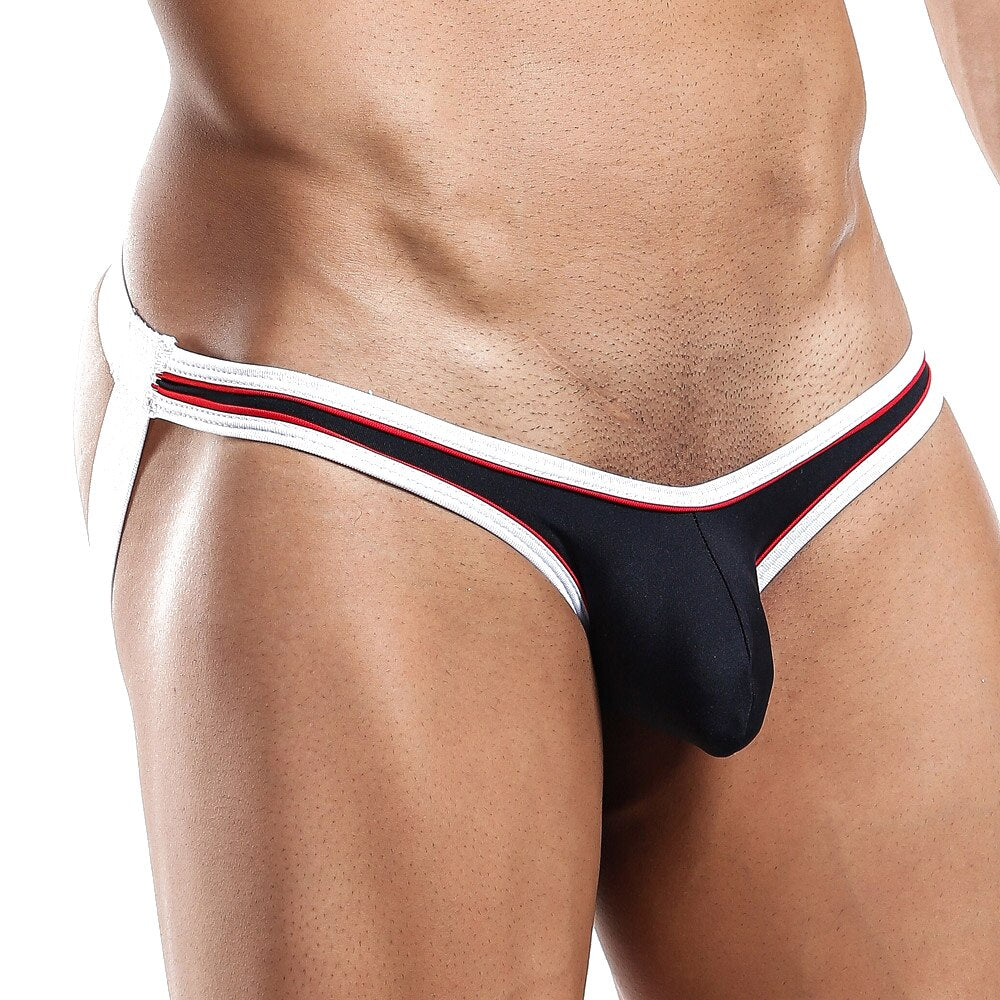 SALE - Mens Daddy Underwear Jockstrap with Metal Rings Black and White