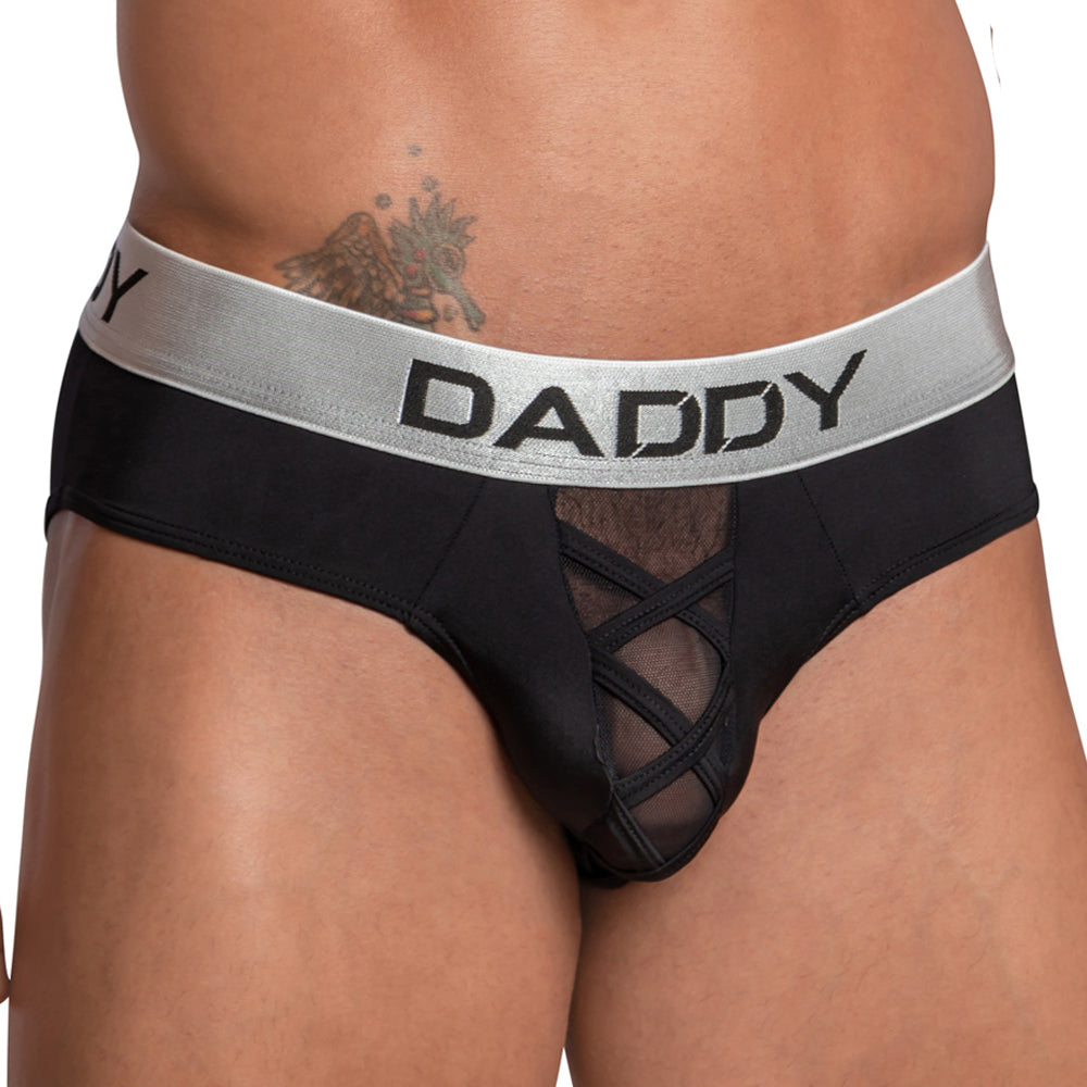 Daddy DDJ025 Cross Strap Sheer Pouch Brief Black Plus Sizes