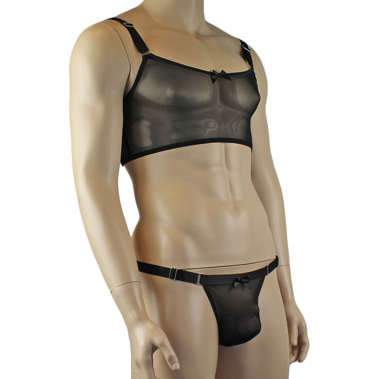 Mens Exotic Sheer Mesh Crop Bra Top Camisole & G string - Sizes up to 3XL (black plus other colours)