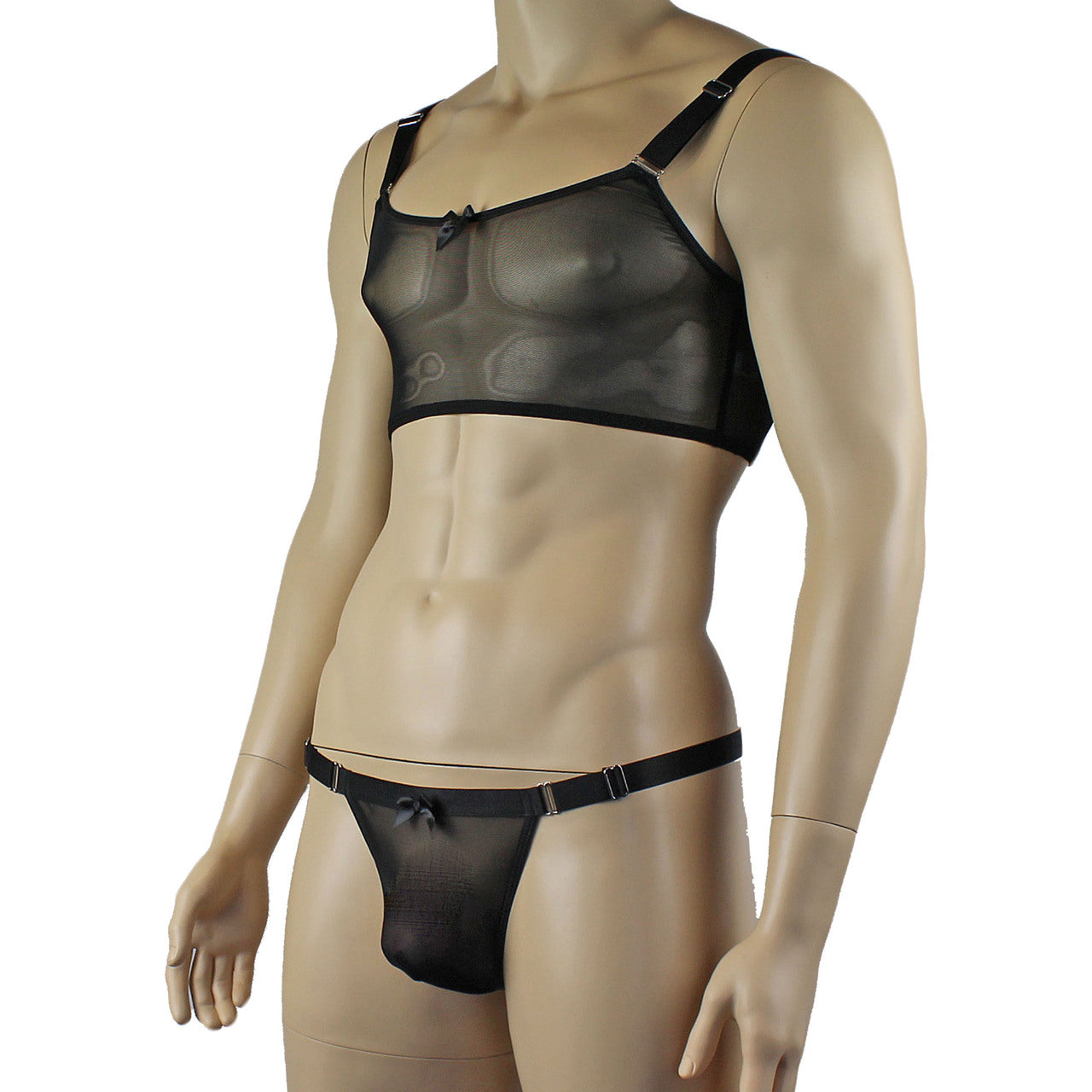 Mens Exotic Sheer Mesh Crop Bra Top Camisole & G string - Sizes up to 3XL (black plus other colours)