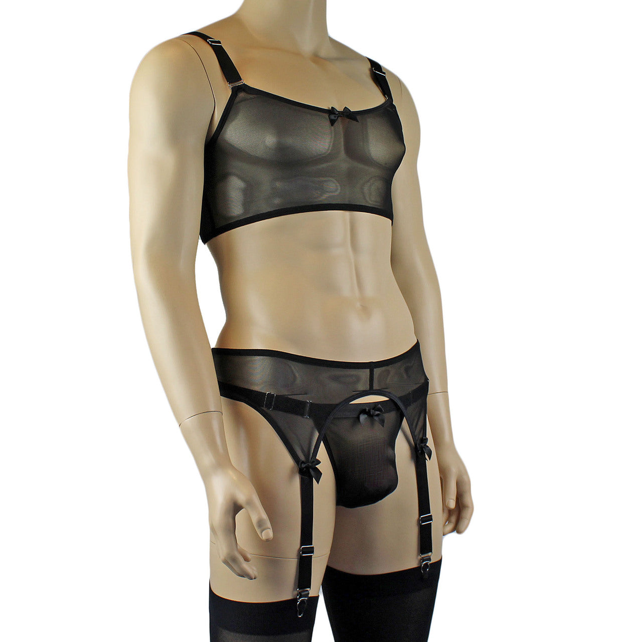 Mens Exotic Sheer Mesh Crop Bra Top Camisole, G string & Garterbelt - Sizes up to 3XL (black plus other colours)