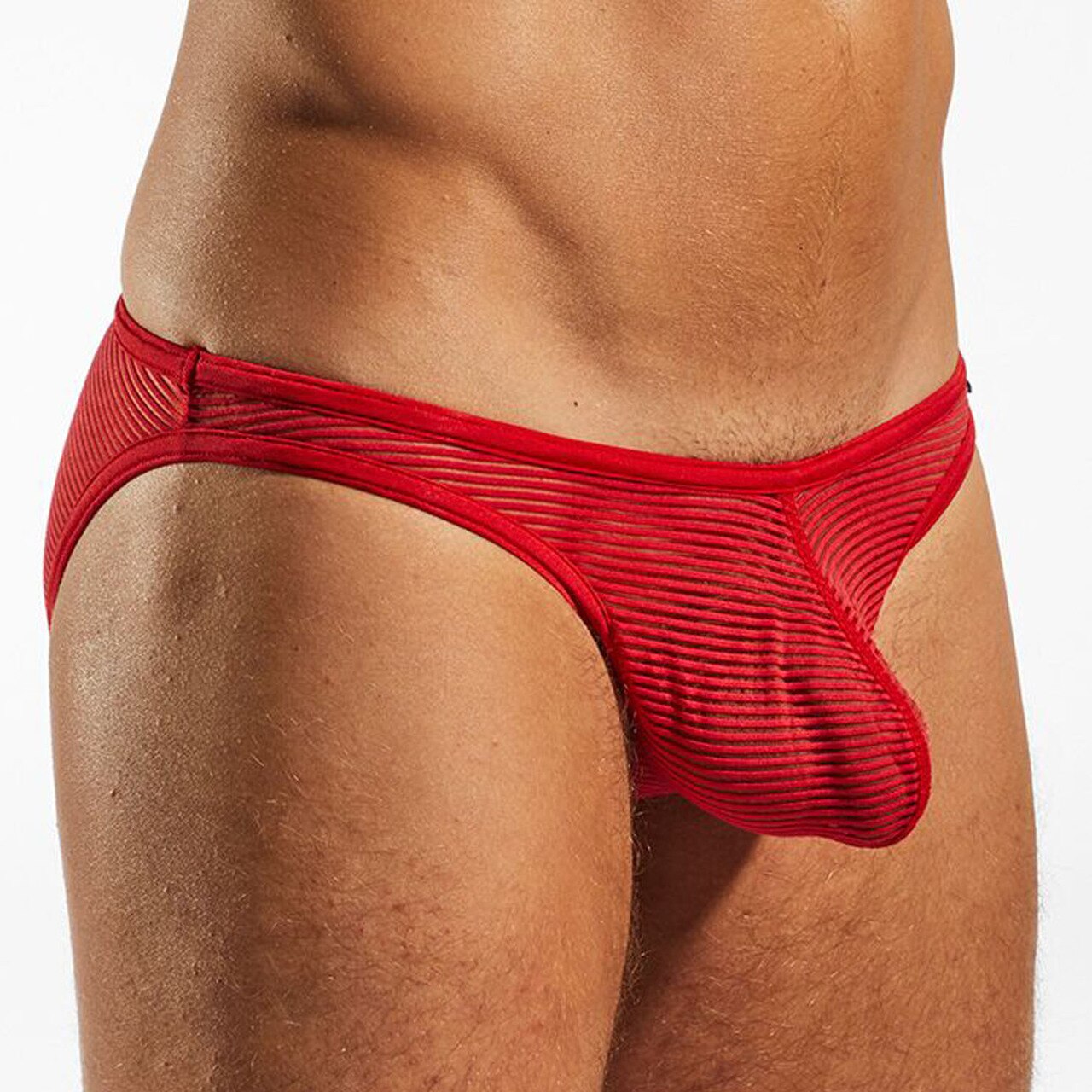 SALE - Mens Cocksox Sheer Multi Striped Brief Cupid Red