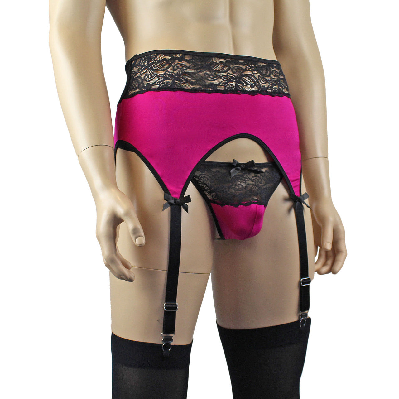 Mens Glamour Lycra & lace High Cut Garterbelt, G string & Stockings (raspberry plus other colours)