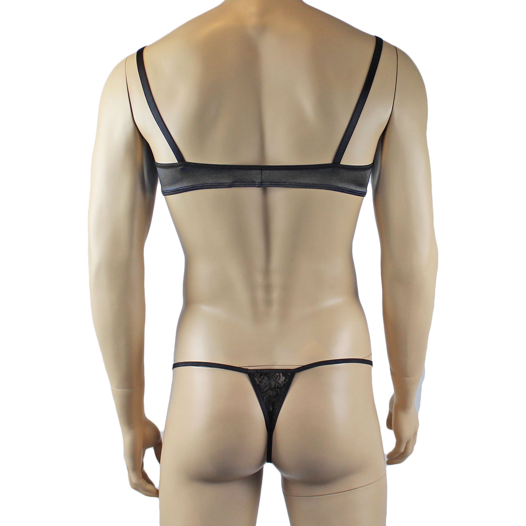 Mens Glamour Bra Top and Pouch G string with Lace Trim Black