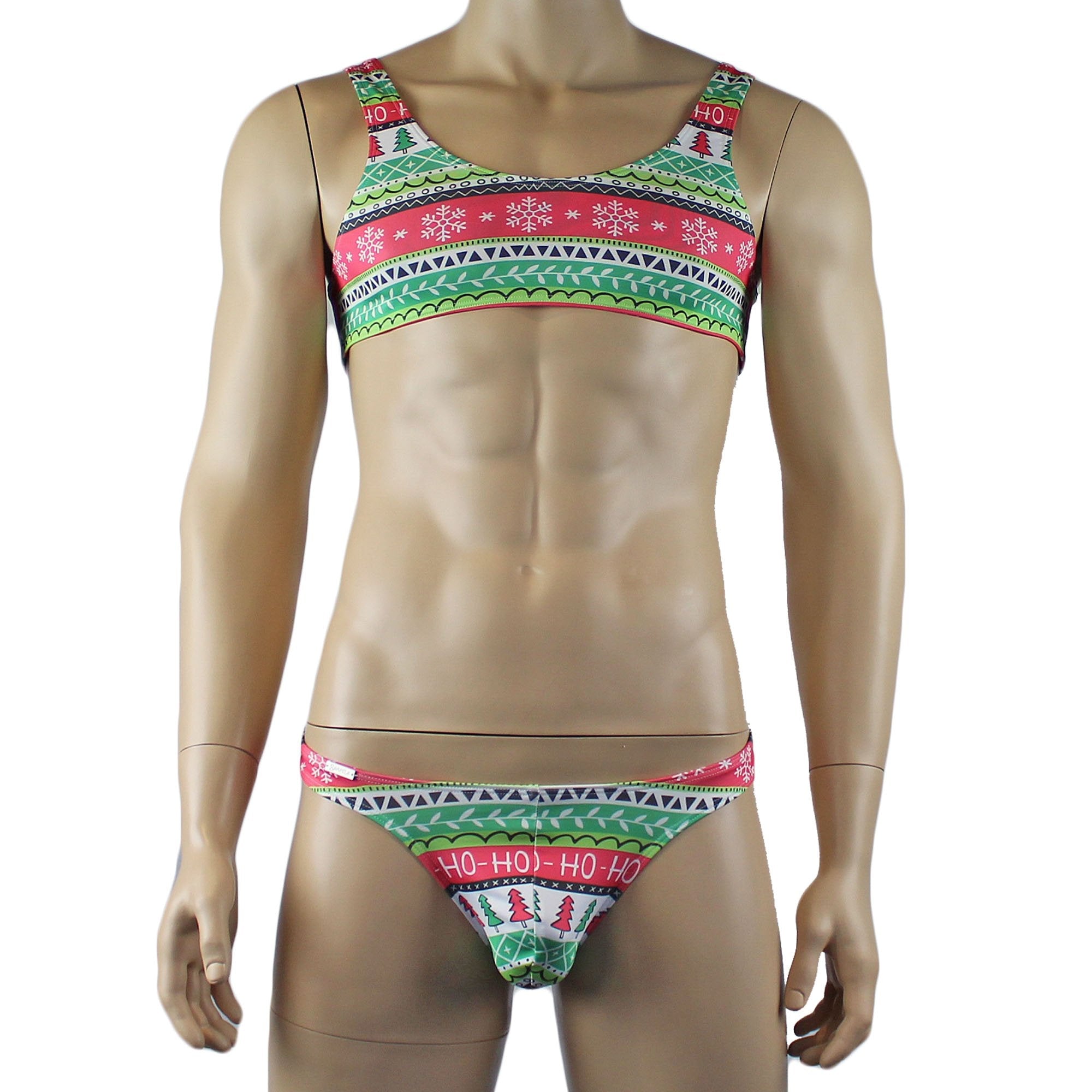 Christmas Gift Wrap Mens Crop Top Bra & G string Thong Xmas Underwear