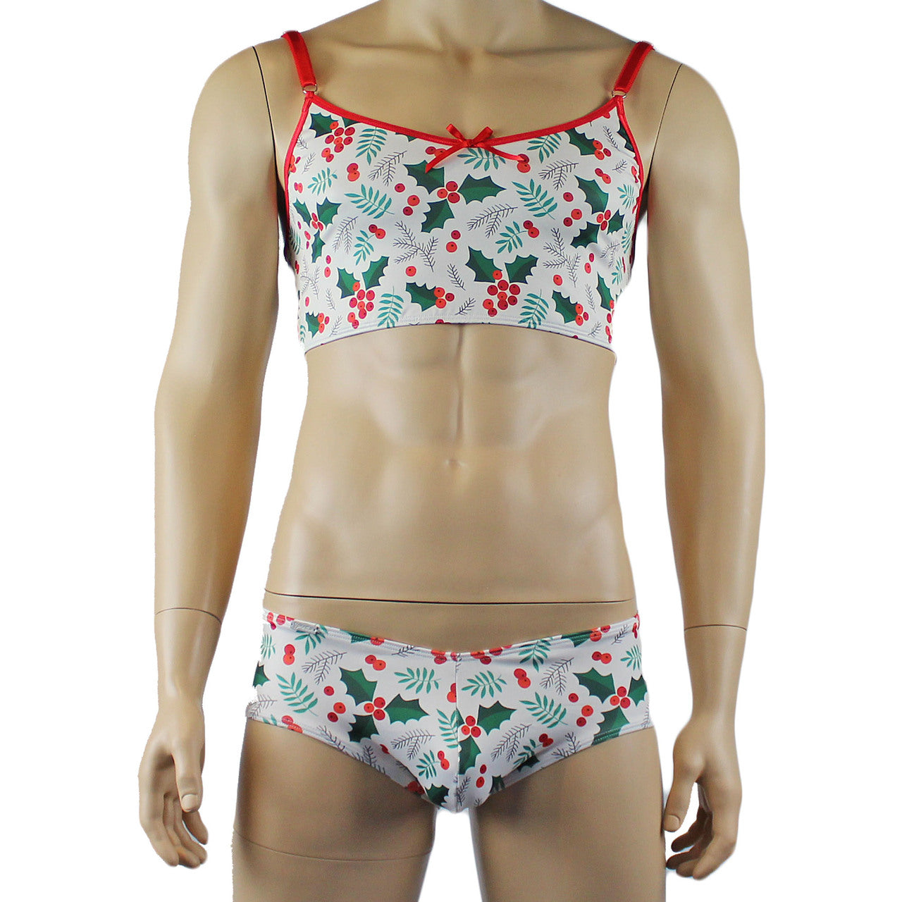 Mens Christmas Holly Camisole Crop Top & Boxer Shorts Xmas Underwear