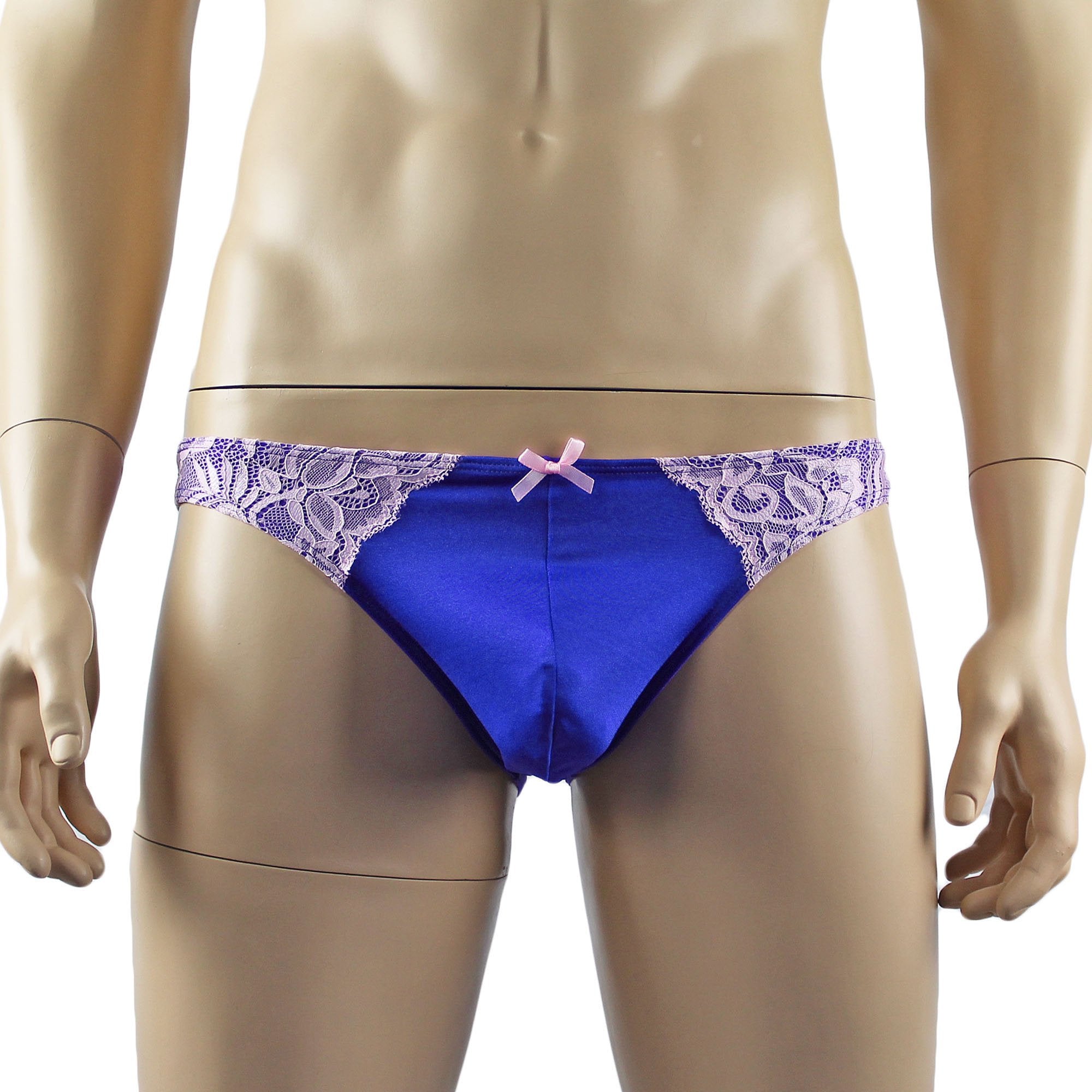 Mens Isabel Panty Stretch Spandex & Lace Bikini Brief with Sexy Back Blue and Pink Lace