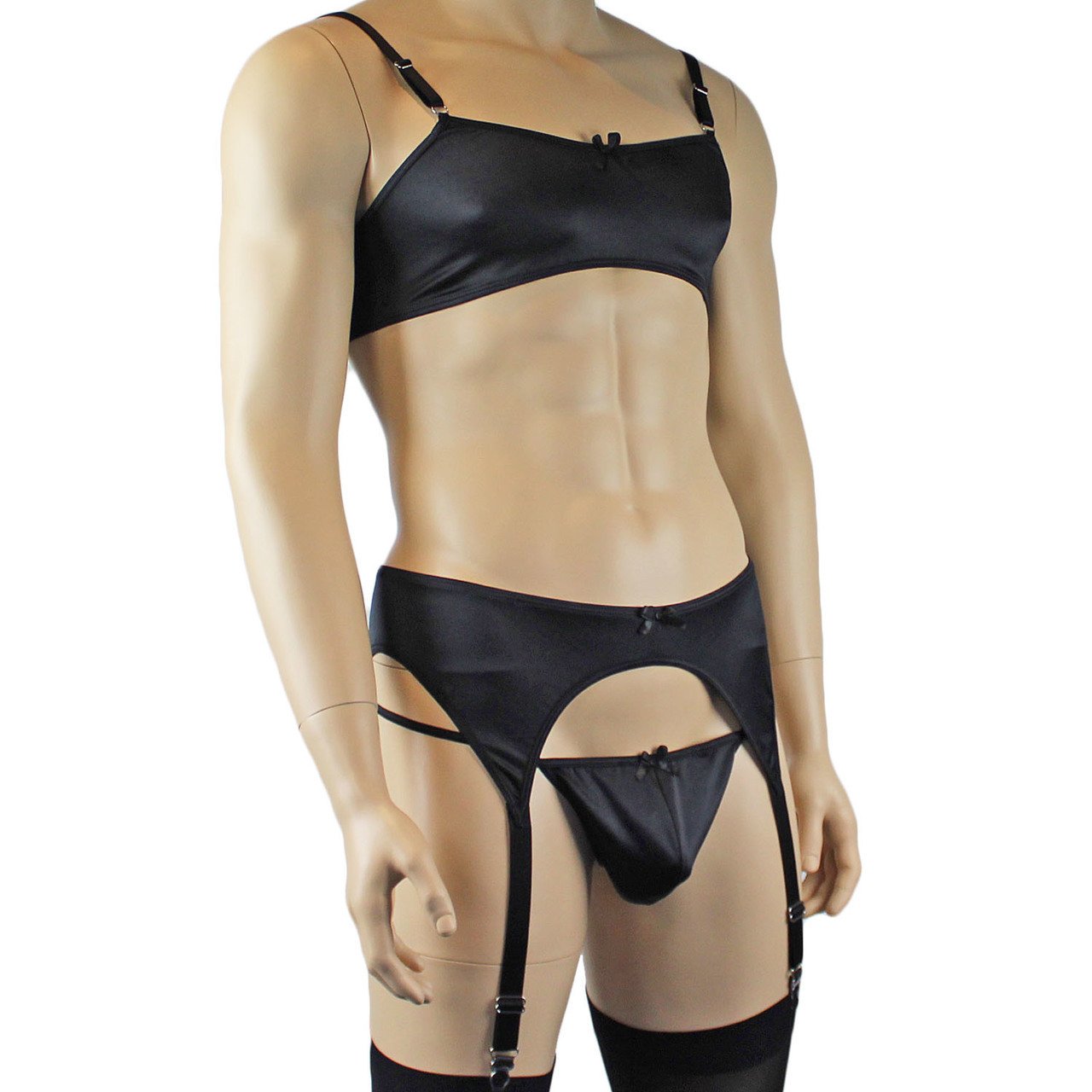 Mens Satin Bra Top, G string and Garterbelt Lingerie Black