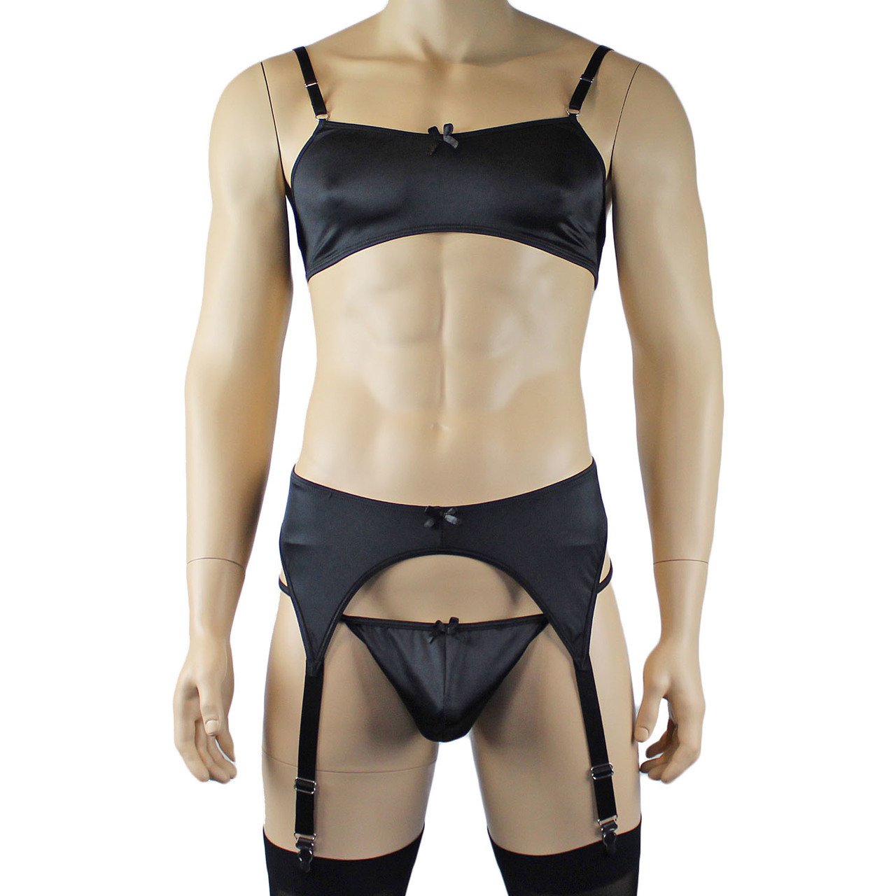 Mens Satin Bra Top, G string and Garterbelt Lingerie Black