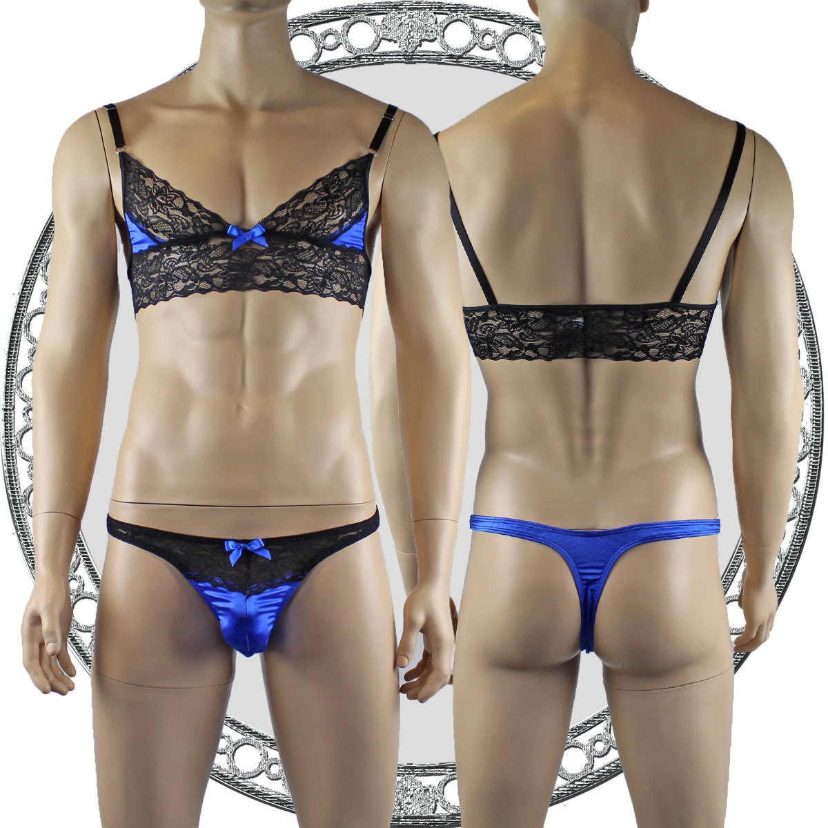 Mens Lace Bra Top Lingerie and Thong for Men Blue and Black