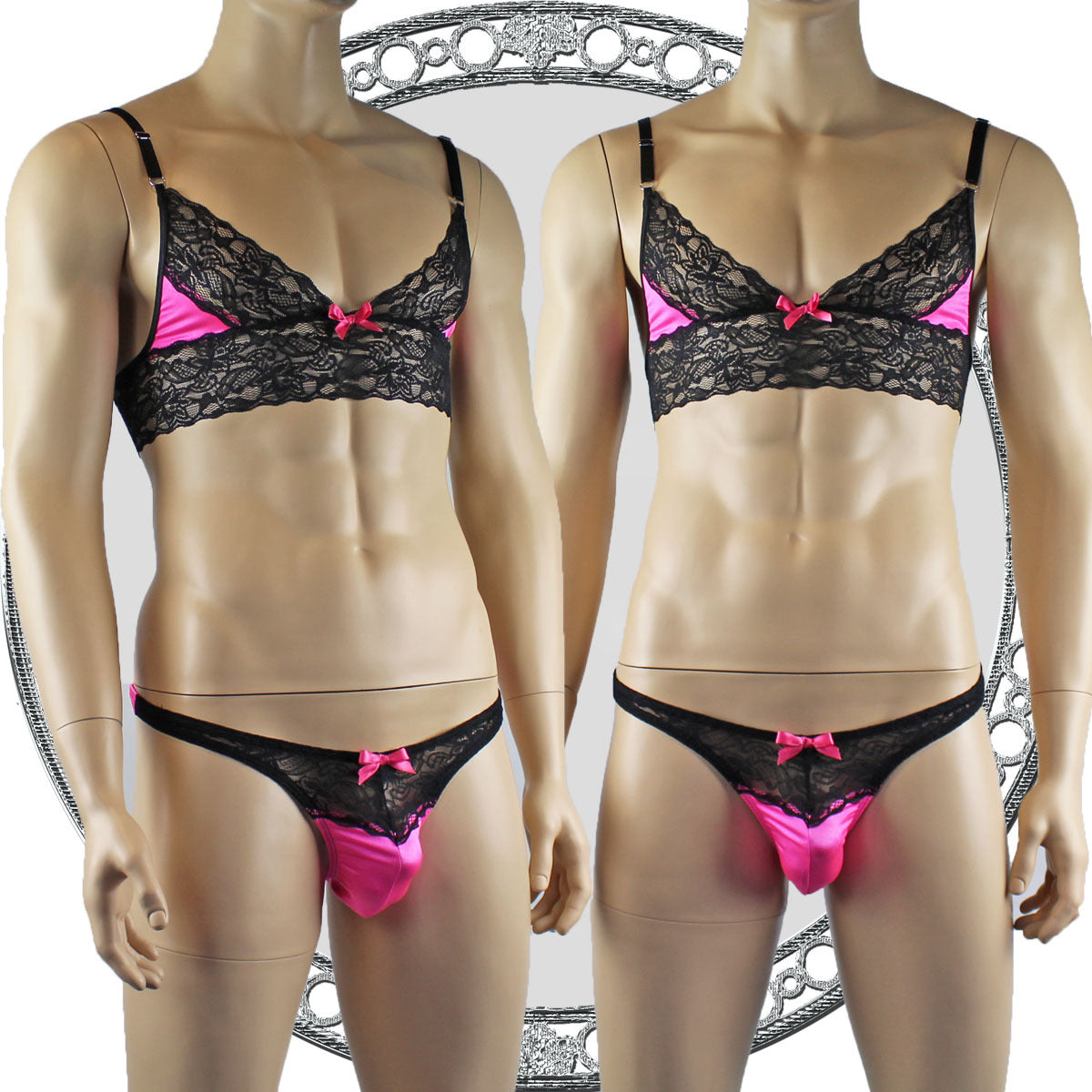 Mens Lace Bra Top Lingerie and Thong for Men Hot Pink and Black