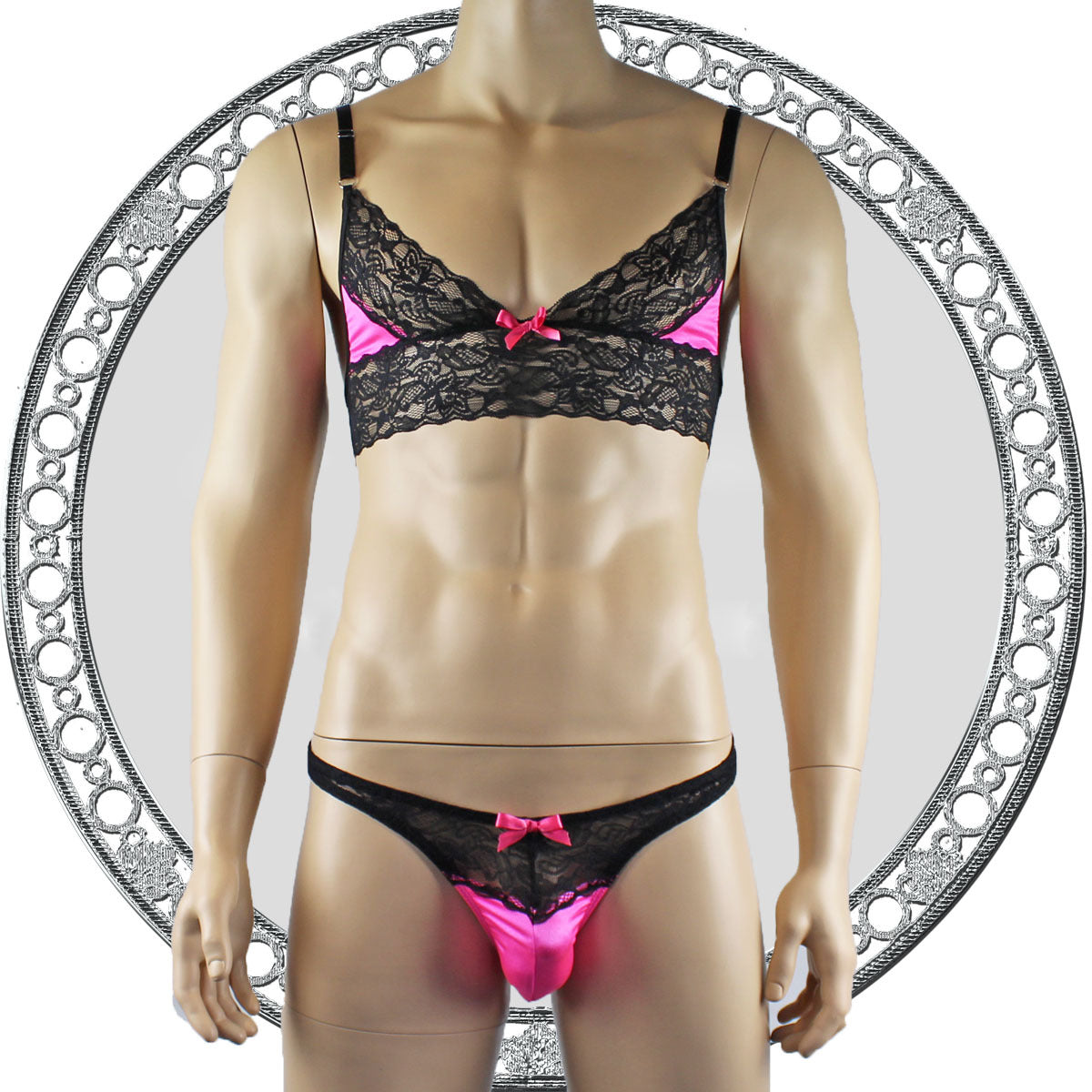 Mens Lace Bra Top Lingerie and Thong for Men Hot Pink and Black