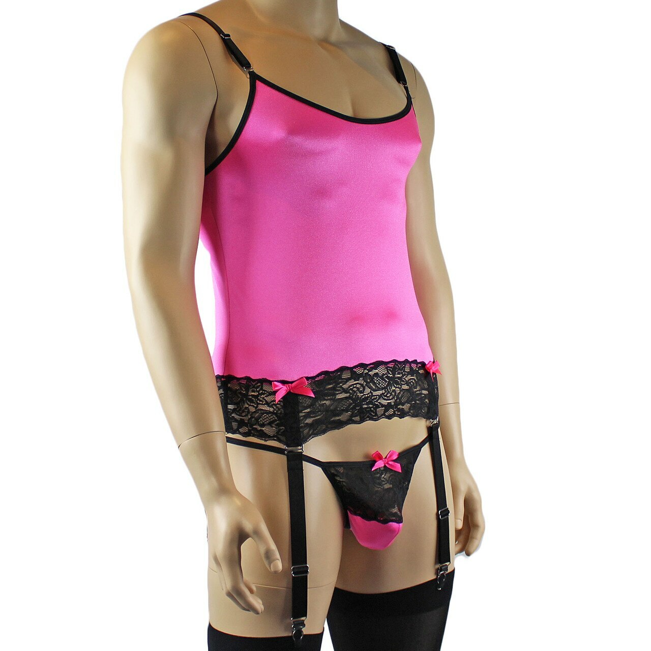 Mens Camisole Bustier Garter Top with Pouch G string & Stockings (hot pink plus other colours)