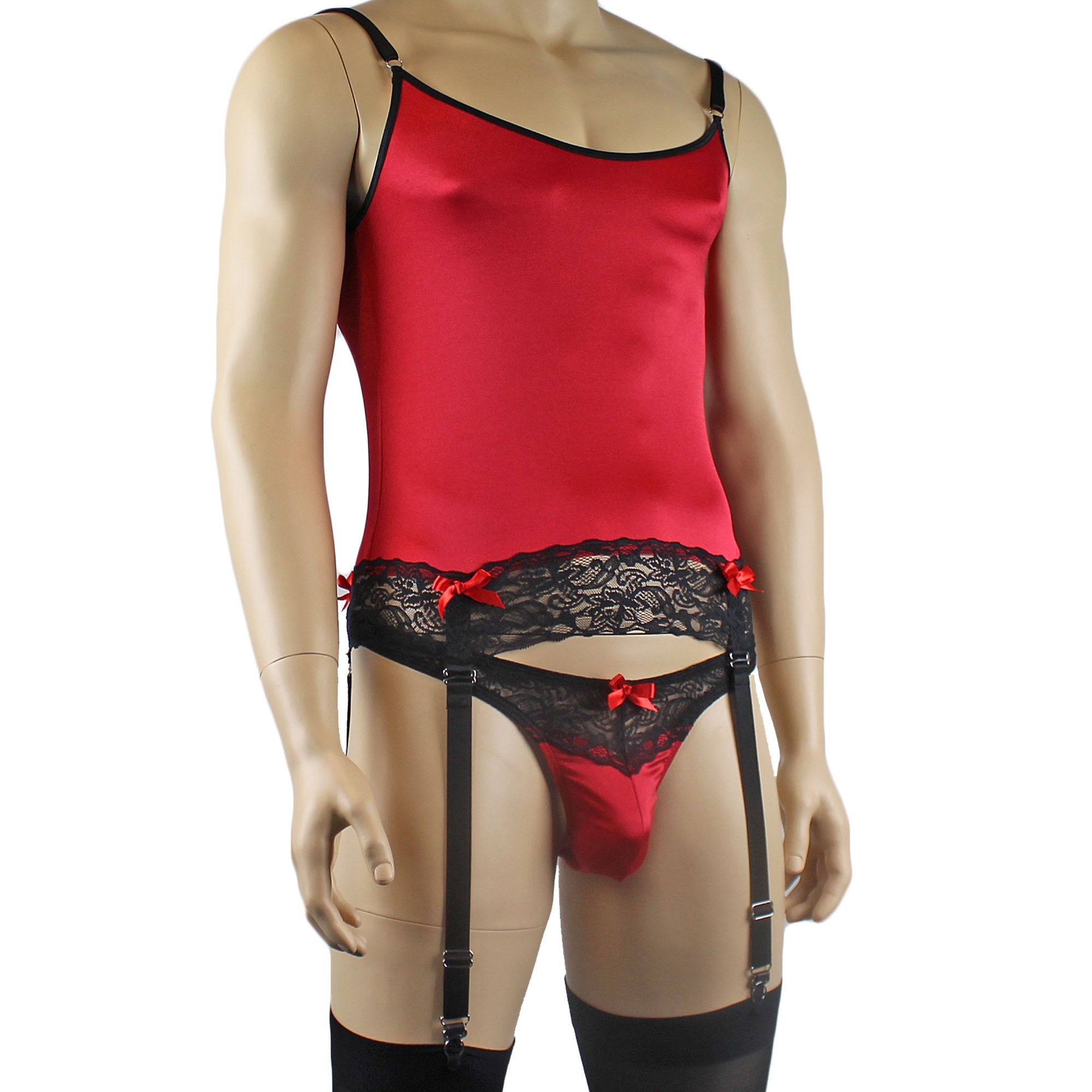 Mens Joanne Camisole Bustier Garter Top with Thong & Stockings - Sizes up to 3XL Red and Black Lace