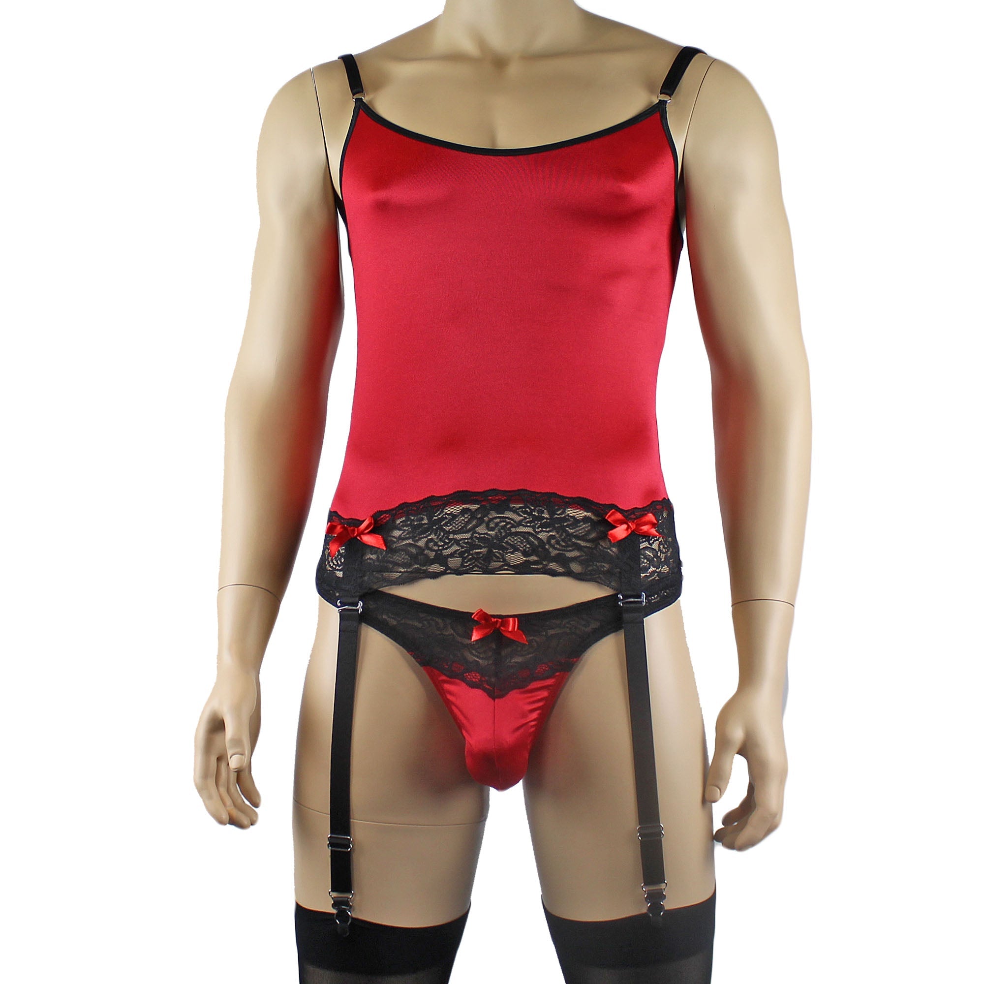 Mens Joanne Camisole Bustier Garter Top with Thong & Stockings - Sizes up to 3XL Red and Black Lace