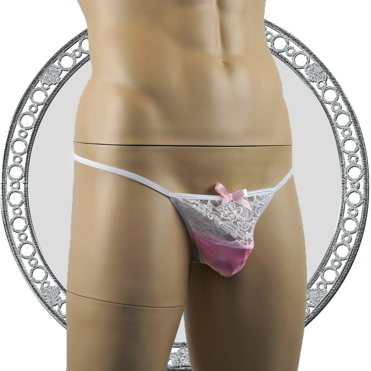 Mens Lacey G string with Bow Pink & White